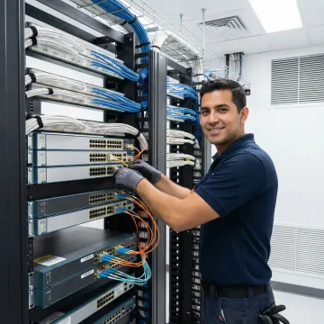 Professional technician installing network equipment in Jacksonville server room