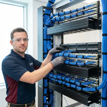 Professional network cabling installation with organized structured wiring in modern office environment