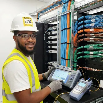 Network technician testing fiber optic cable connections with certification equipment