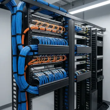 Organized telecommunications infrastructure with labeled cables and professional cable management