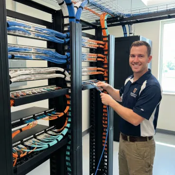 University network technician installing structured cabling in campus building