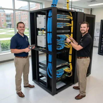 Modern university campus network infrastructure with fiber optic cables and network equipment