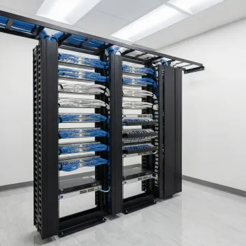 Modern communications room with organized rack systems and structured cabling in Atlanta facility