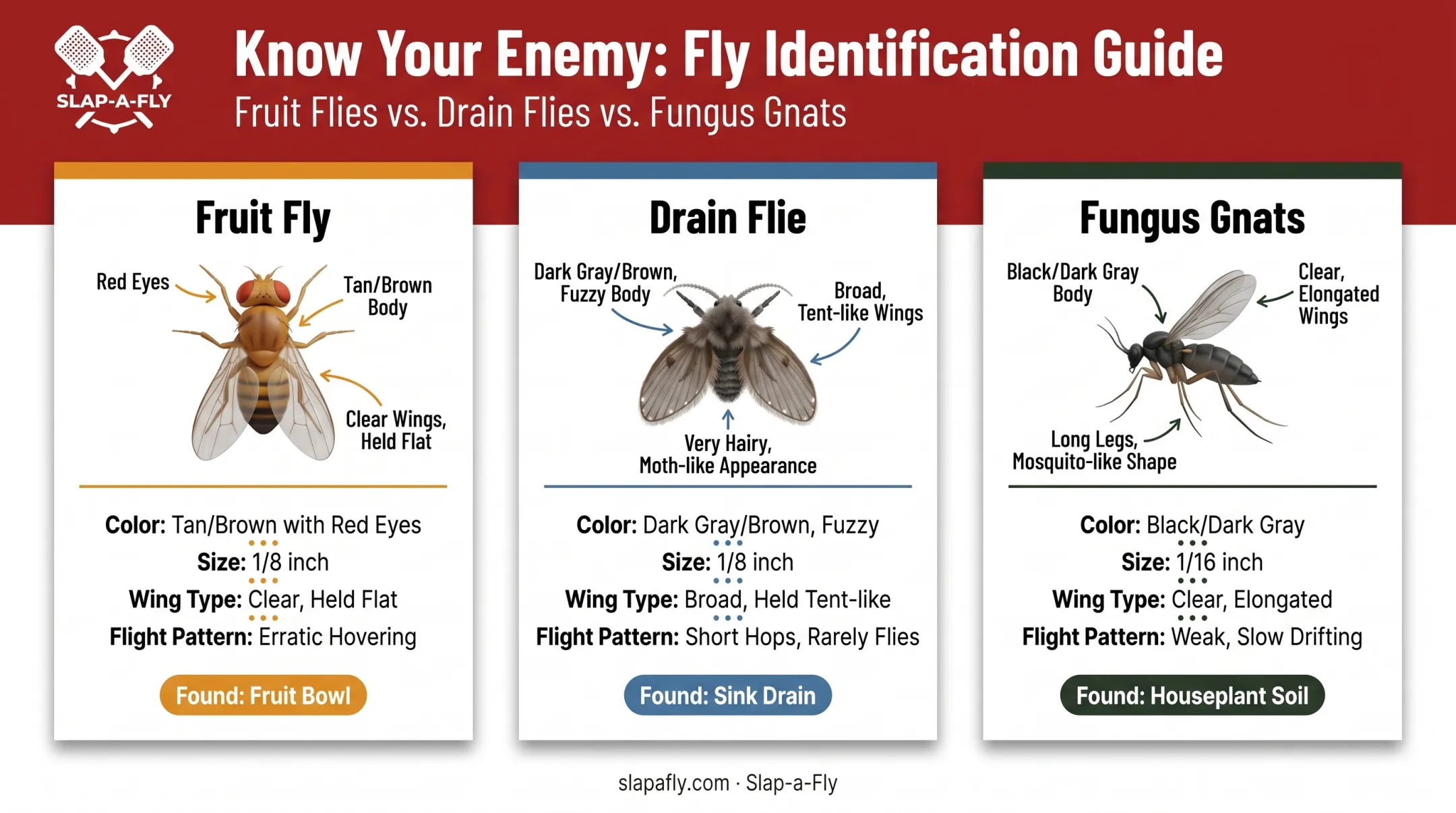 Fruit flies drain flies and fungus gnats identification comparison chart
