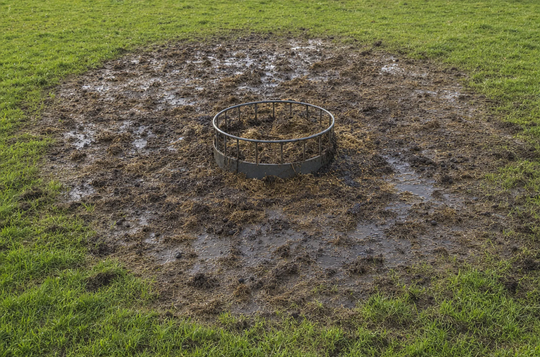 Wet decaying hay pile at cattle feeding site breeding stable flies