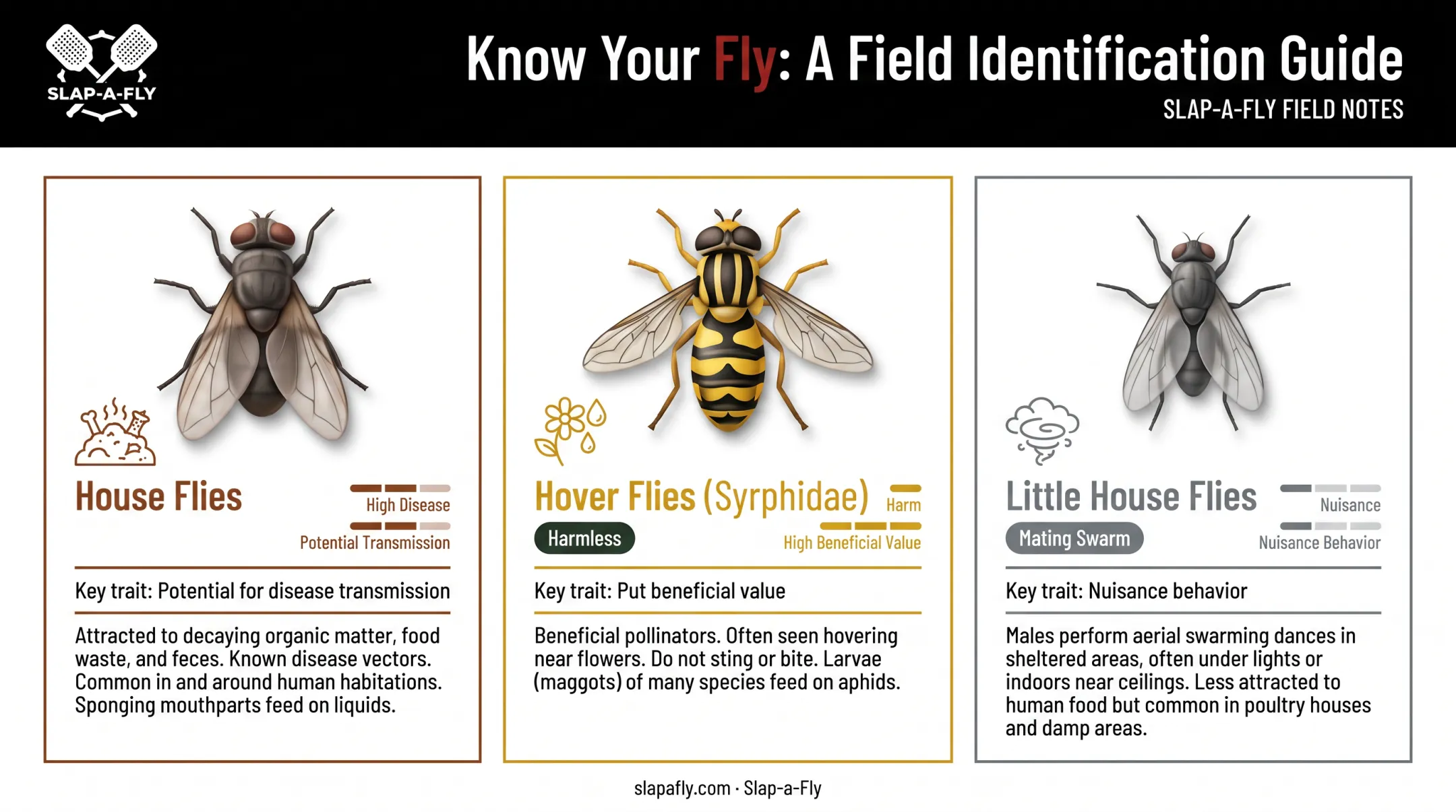 Comparison of house flies hover flies and little house flies behavior
