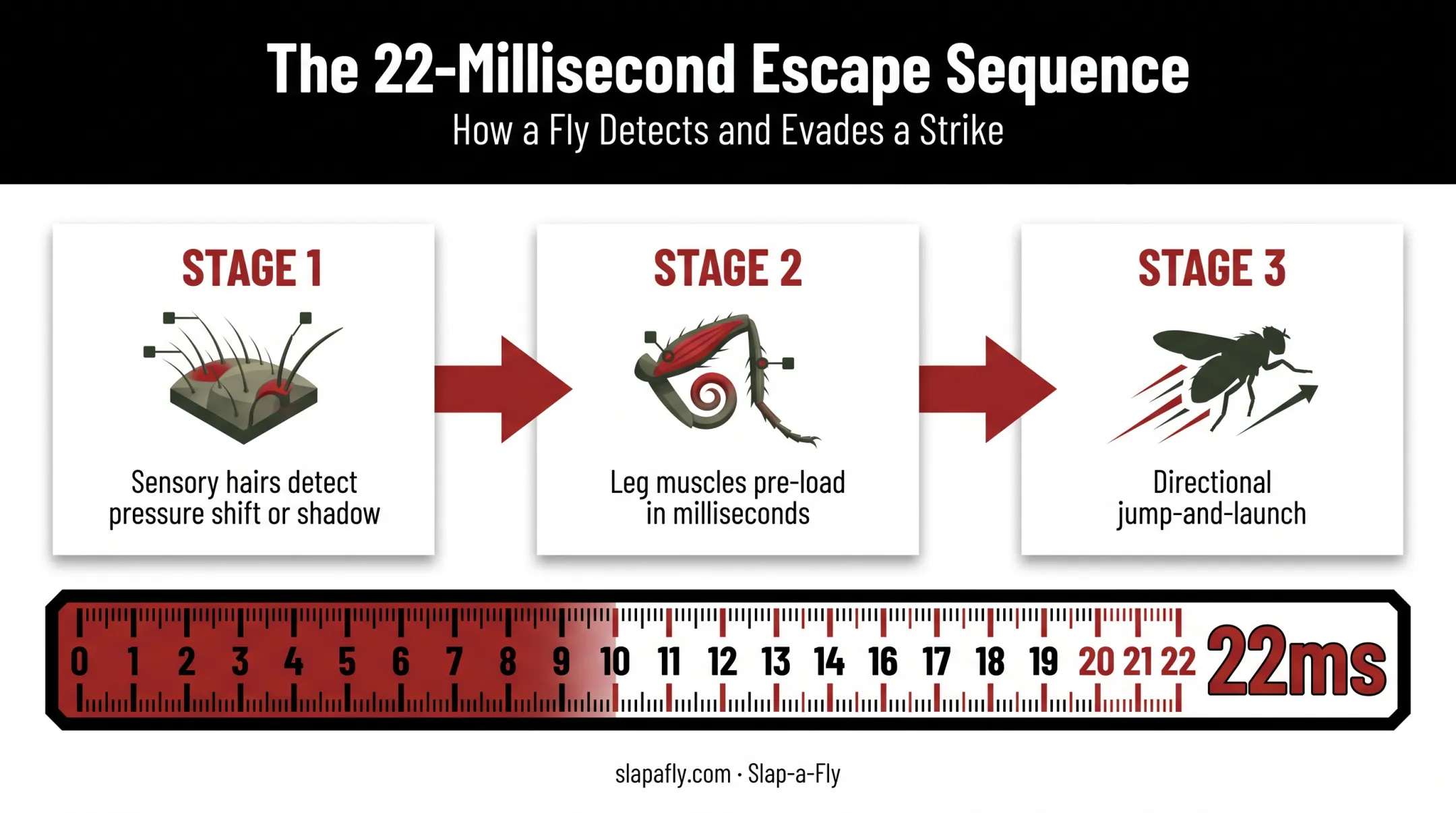 Fly escape reaction sequence timeline from detection to takeoff in milliseconds