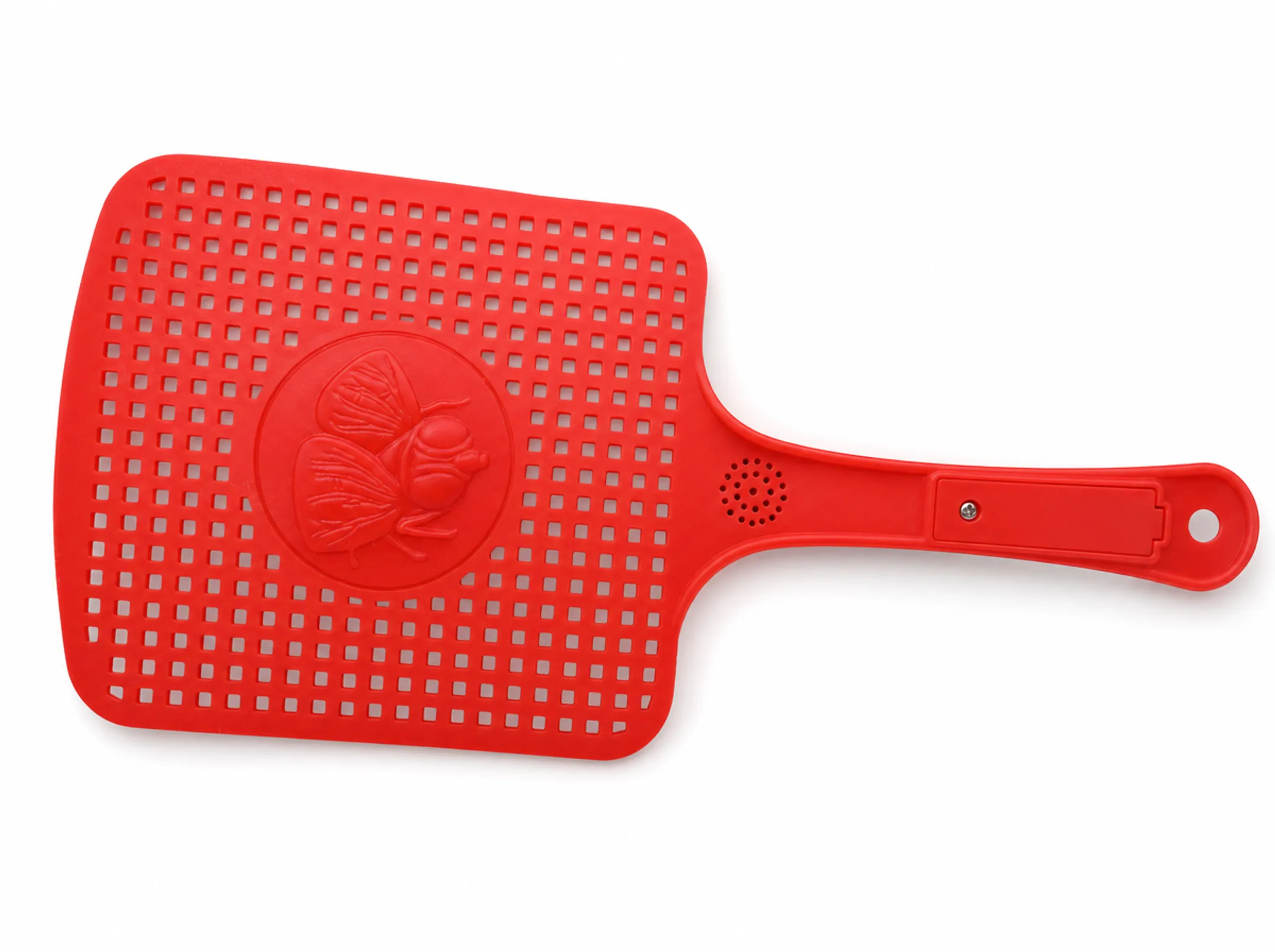 Novelty talking fly swatter with speaker and battery compartment