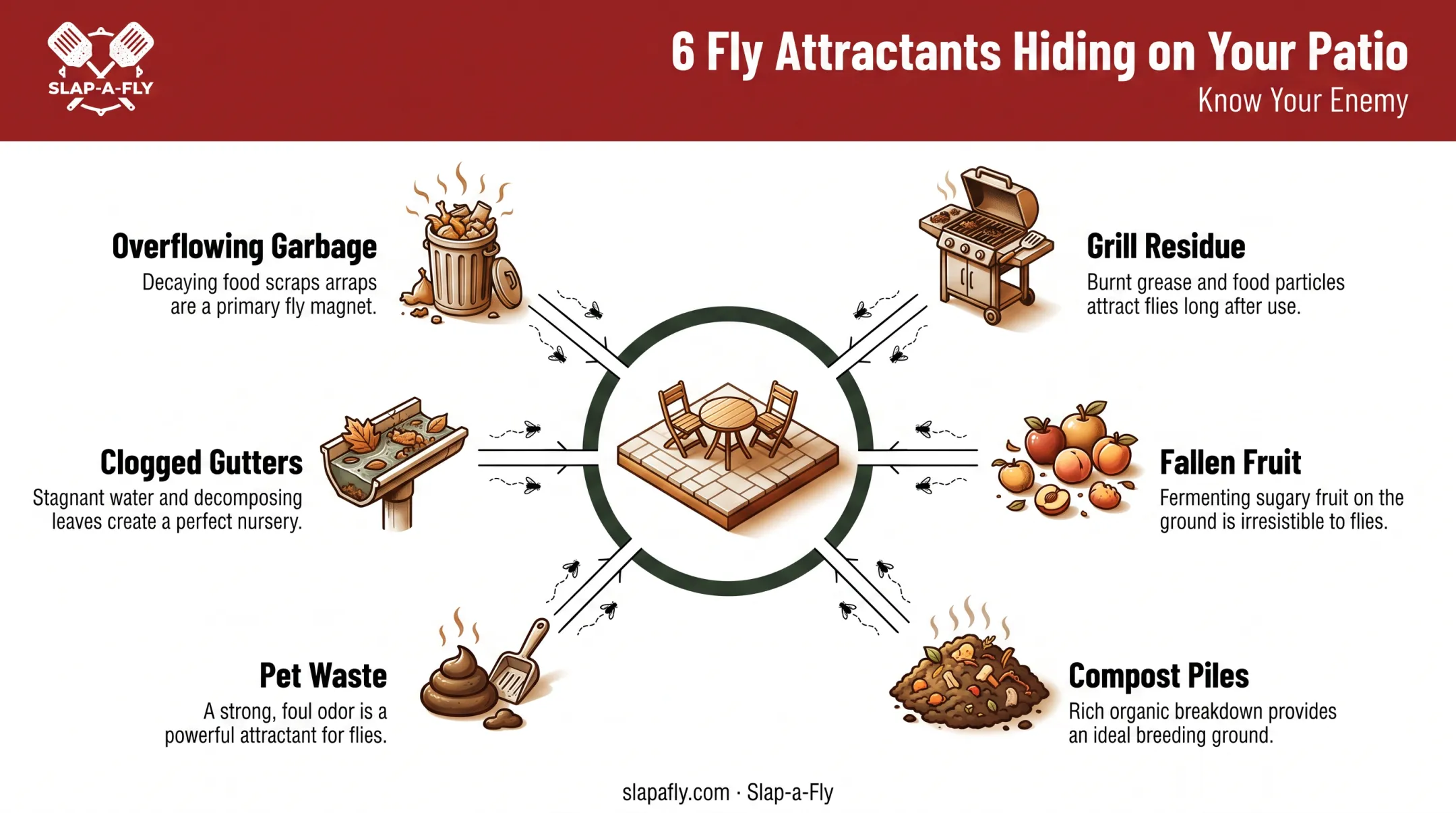common patio fly attractants including trash pet waste and standing water