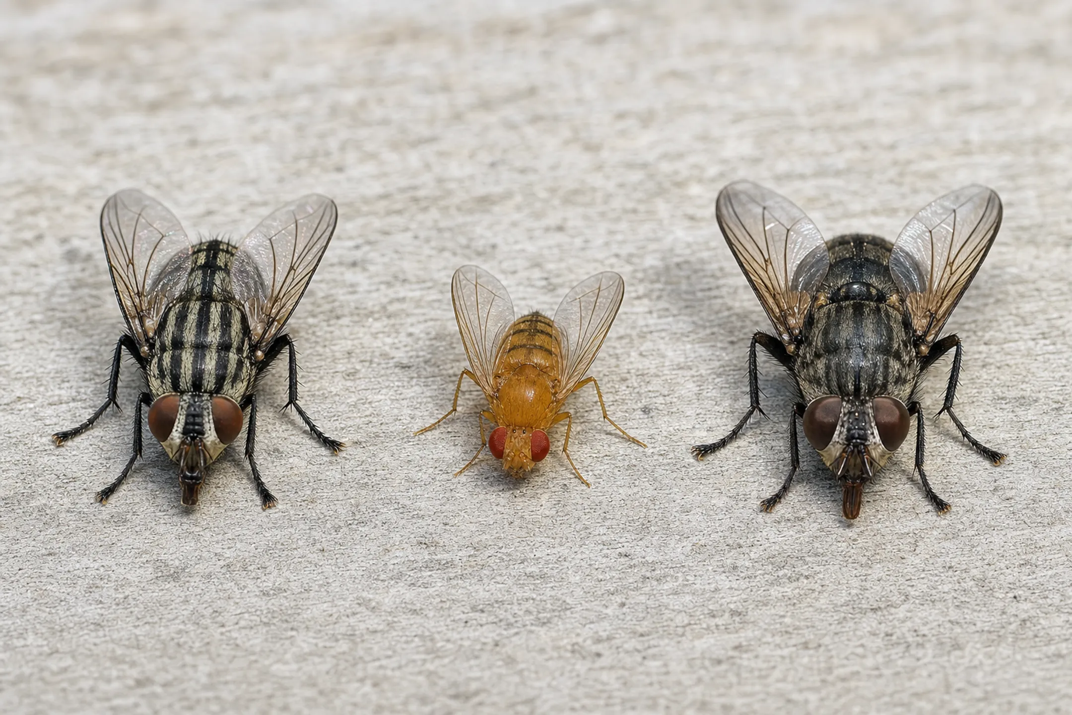 comparison of house flies fruit flies and biting stable flies on outdoor surface