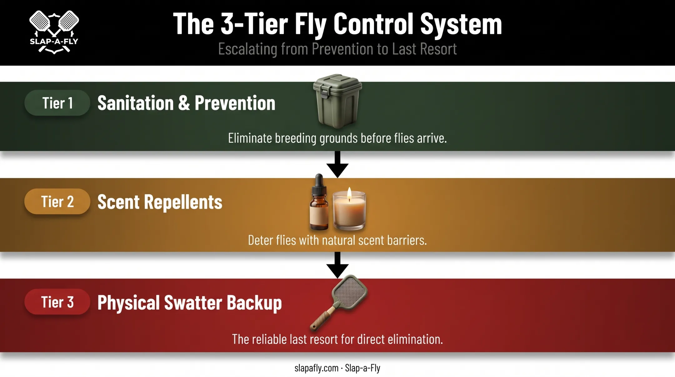 Layered fly defense strategy showing prevention repellents and swatter tools