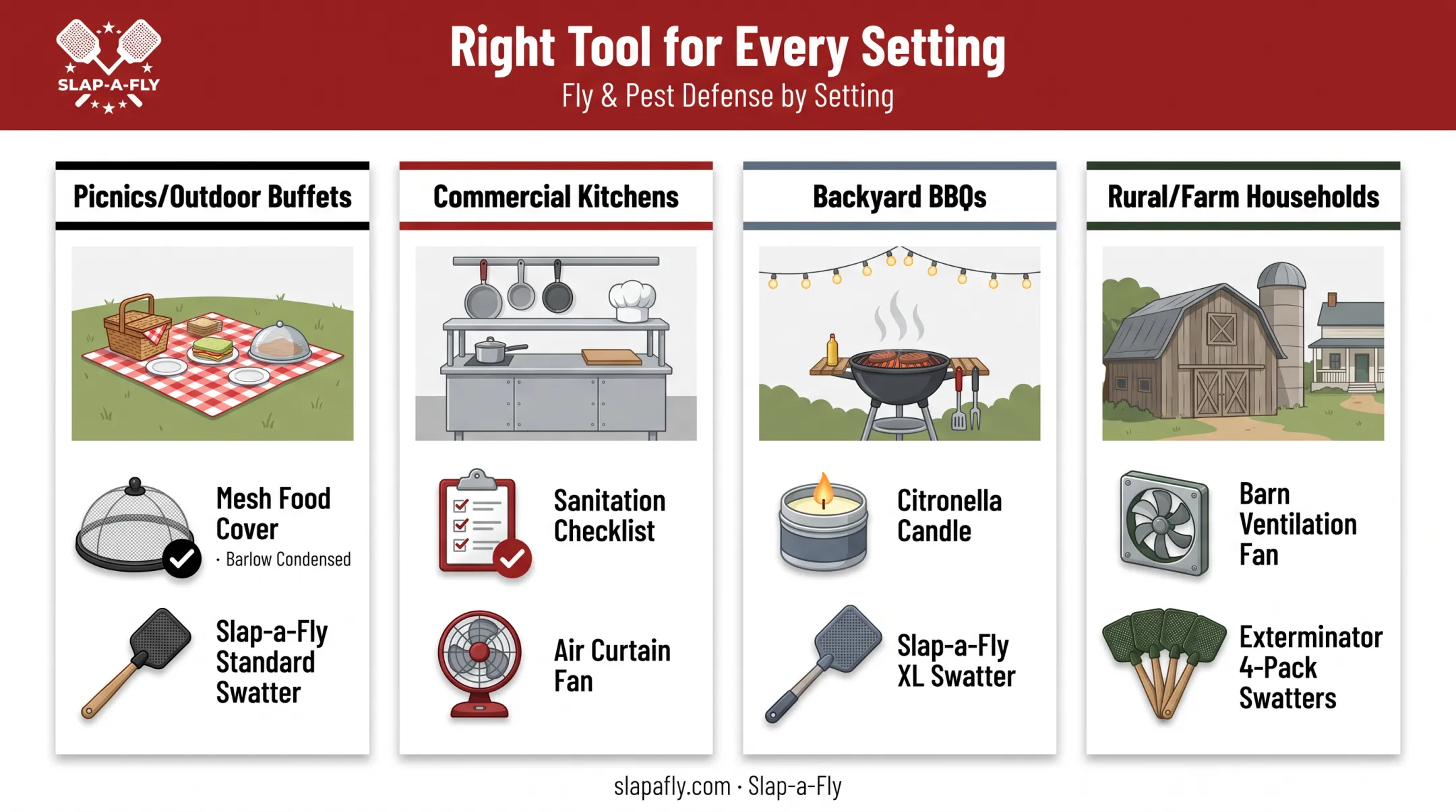 Fly defense setup comparison across picnics kitchens BBQs and farms