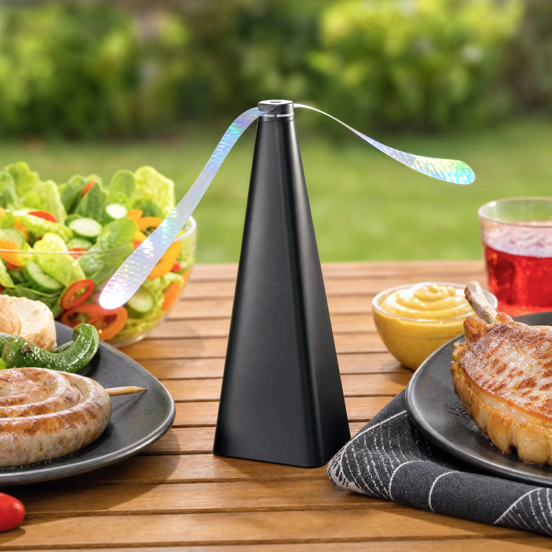 Battery-powered holographic fly repellent fan positioned over dining table