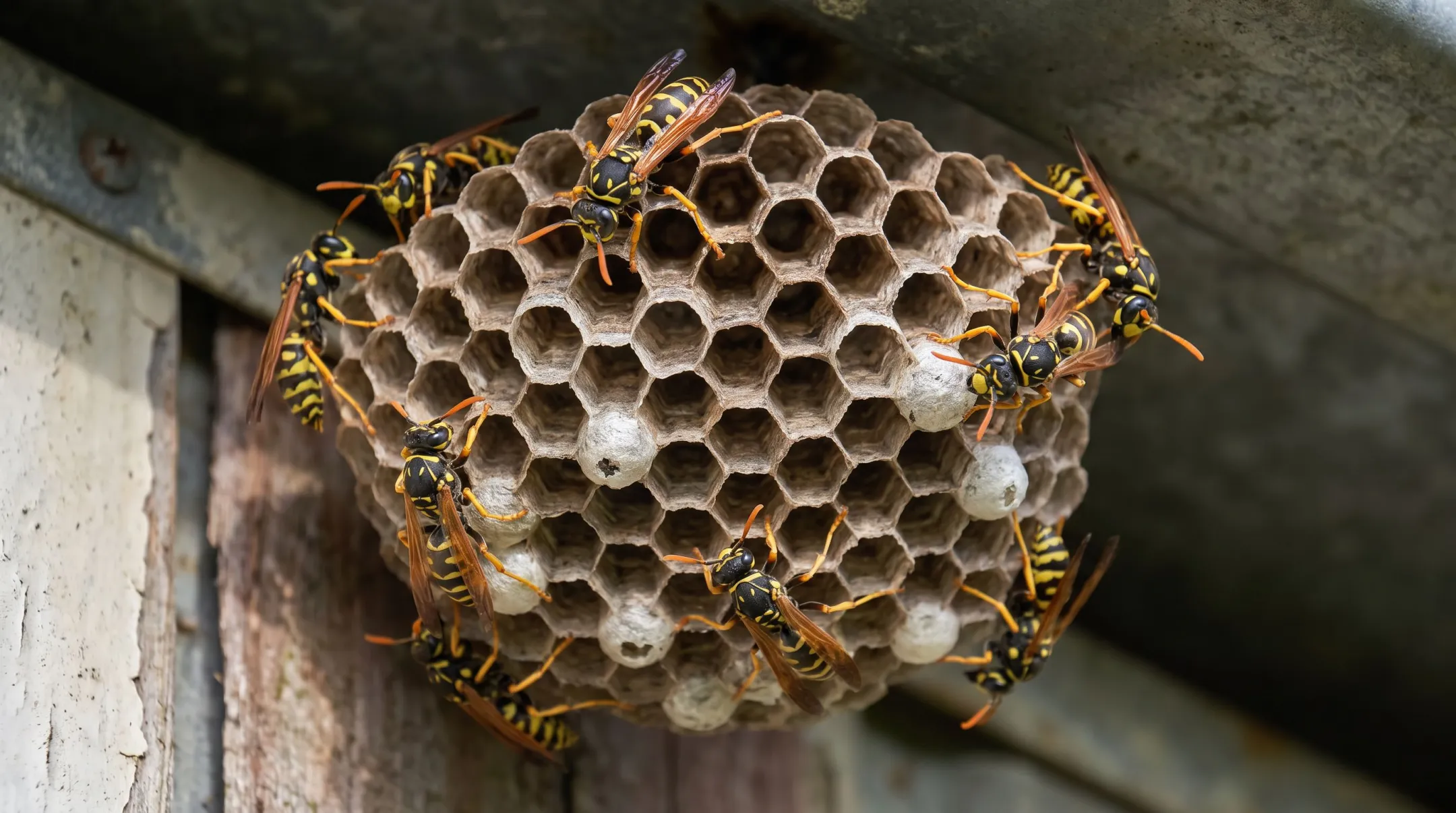 Wasp nest with visible wasps on wooden structure outdoors