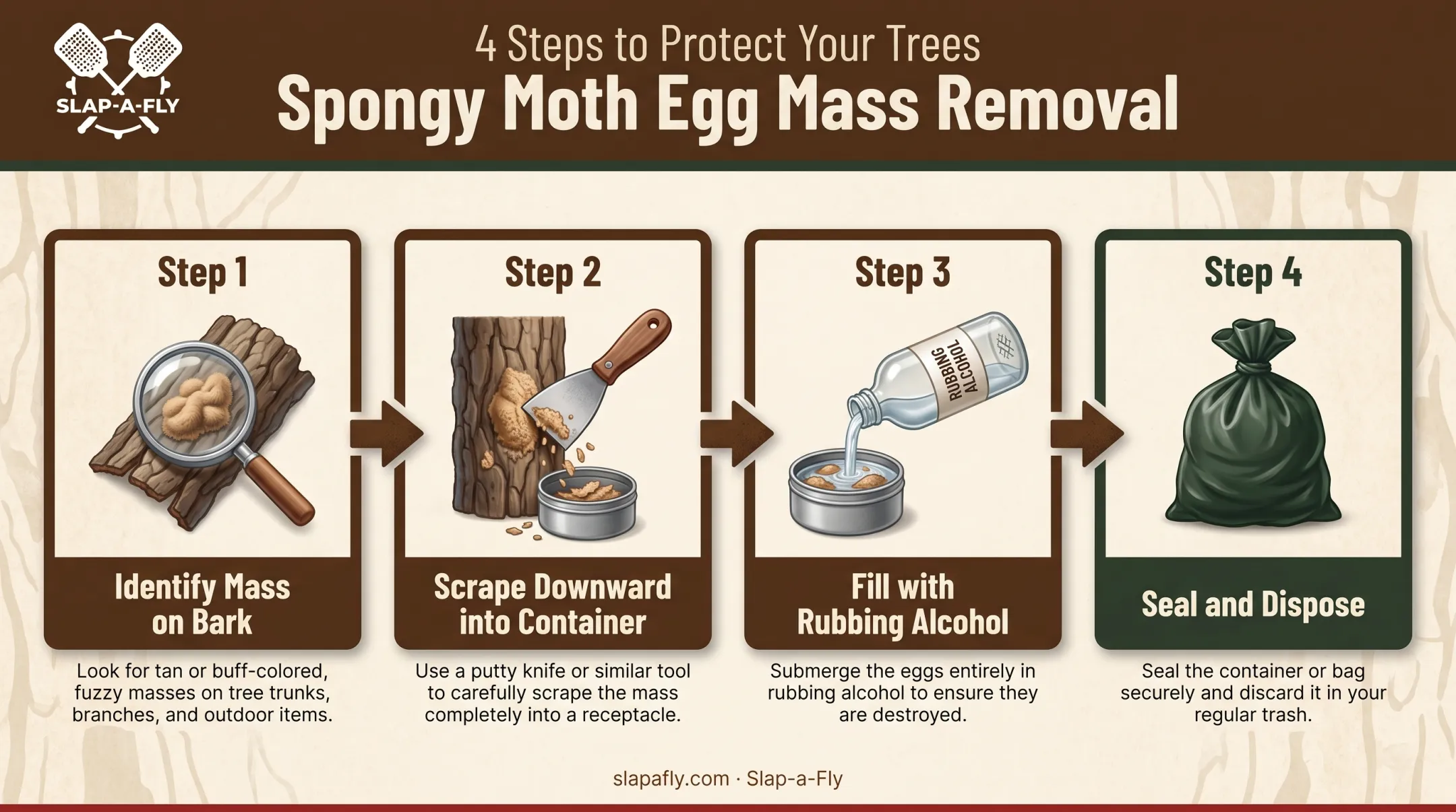 Egg mass scraping process steps from identification to disposal