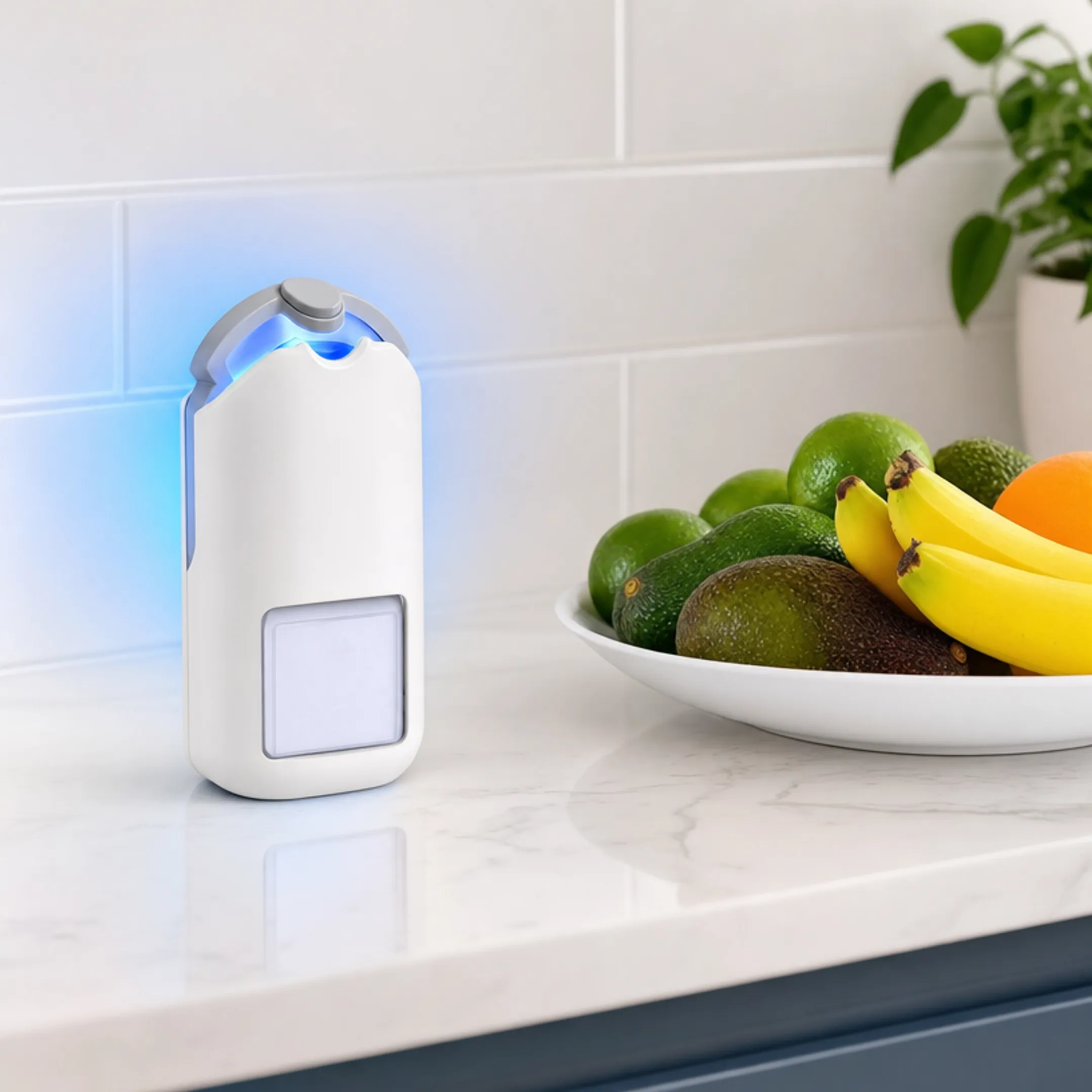 Plug-in blue light insect trap with adhesive cartridge on kitchen counter