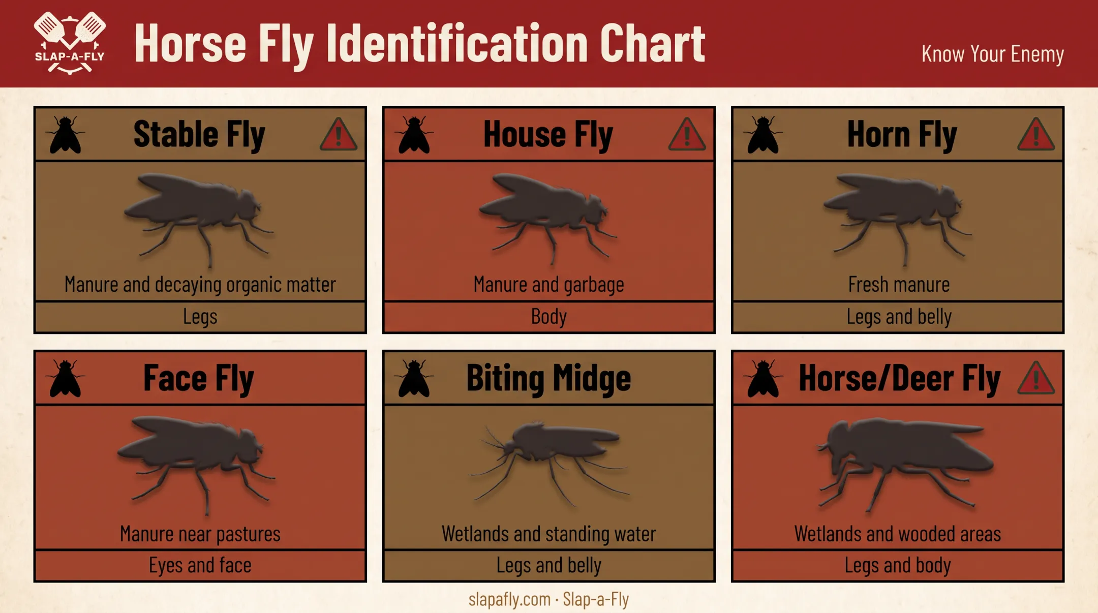 Six horse barn fly species identification chart with breeding sites and bite patterns
