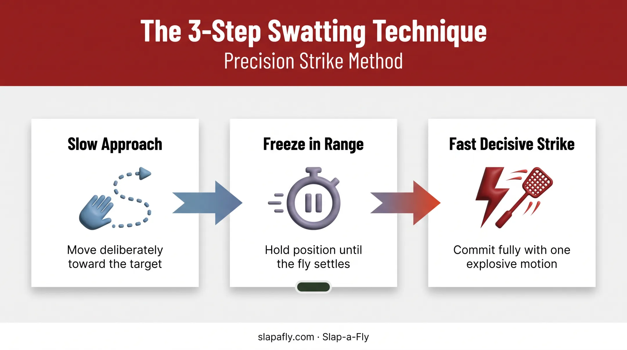 Slow approach fast strike swatting technique three step sequence