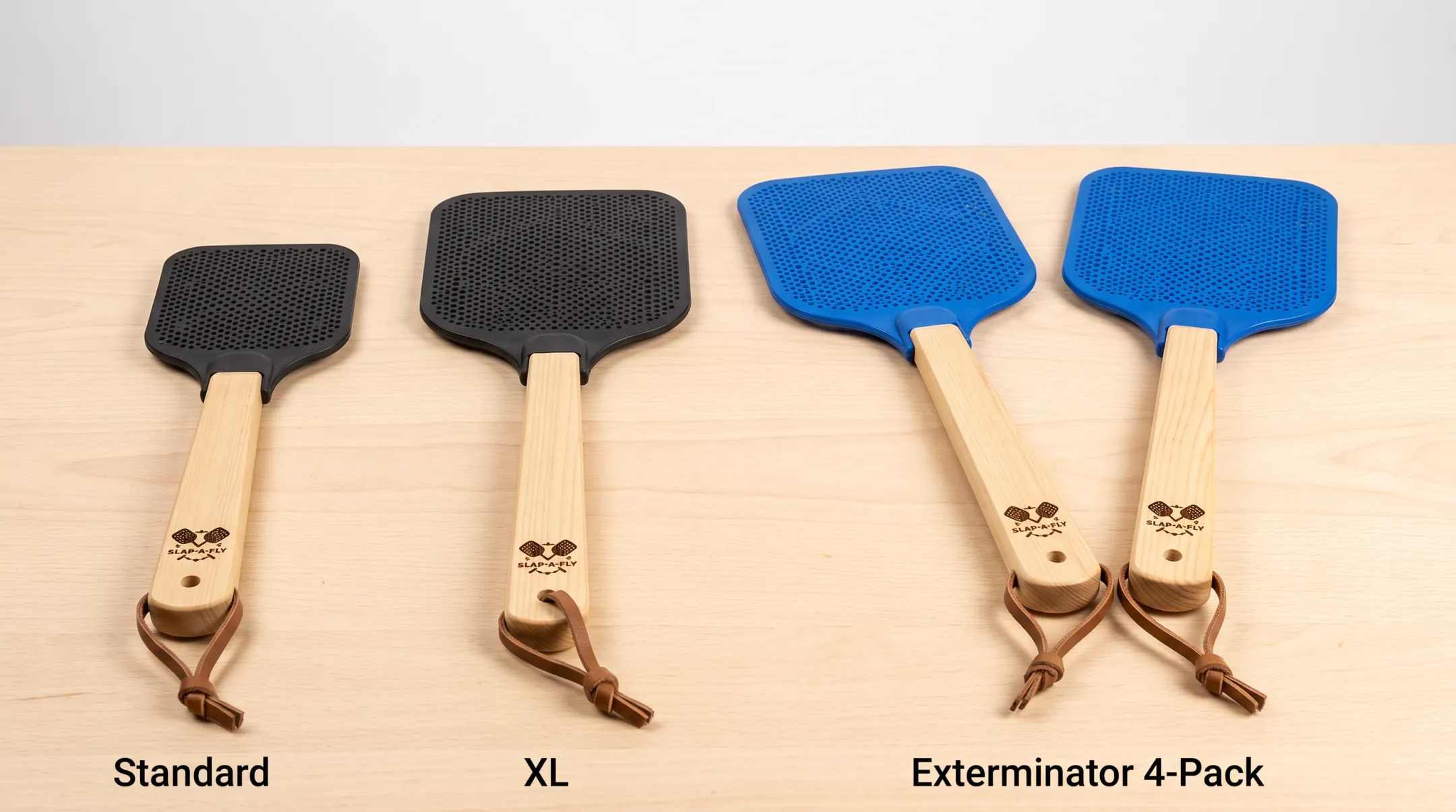 Slap-a-Fly flyswatter models displayed with handle and strike surface details