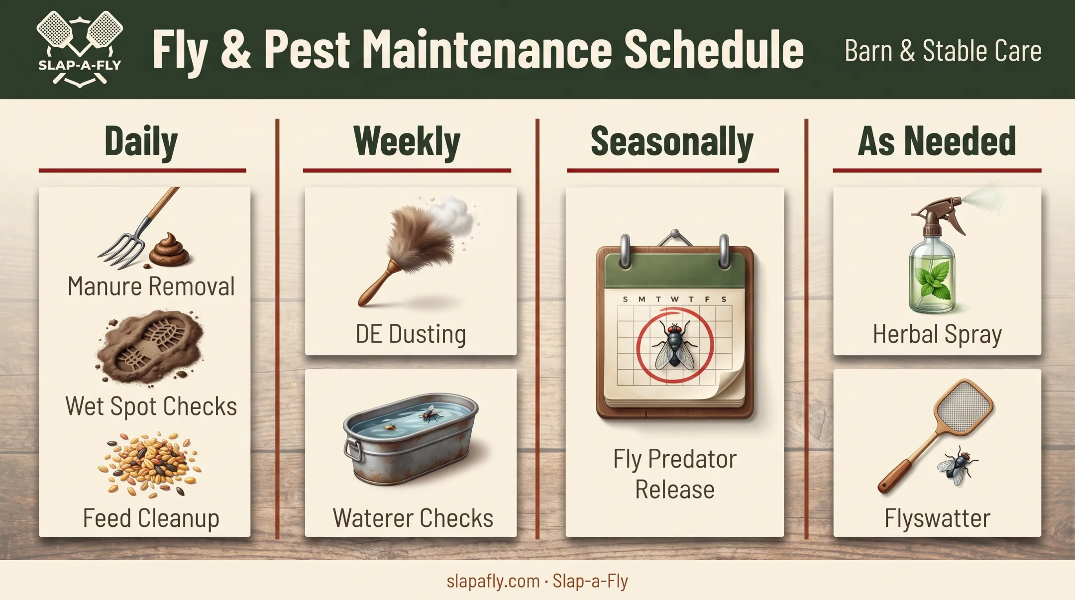 Daily weekly seasonal fly prevention routine schedule for chicken coops