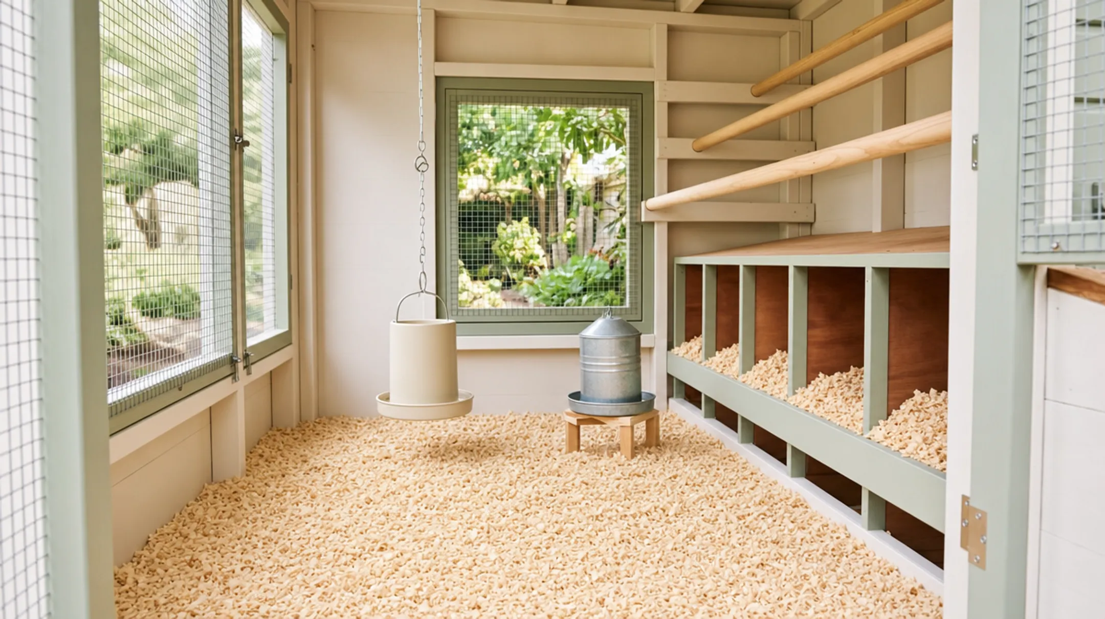 Clean chicken coop bedding with properly elevated feeders and waterers