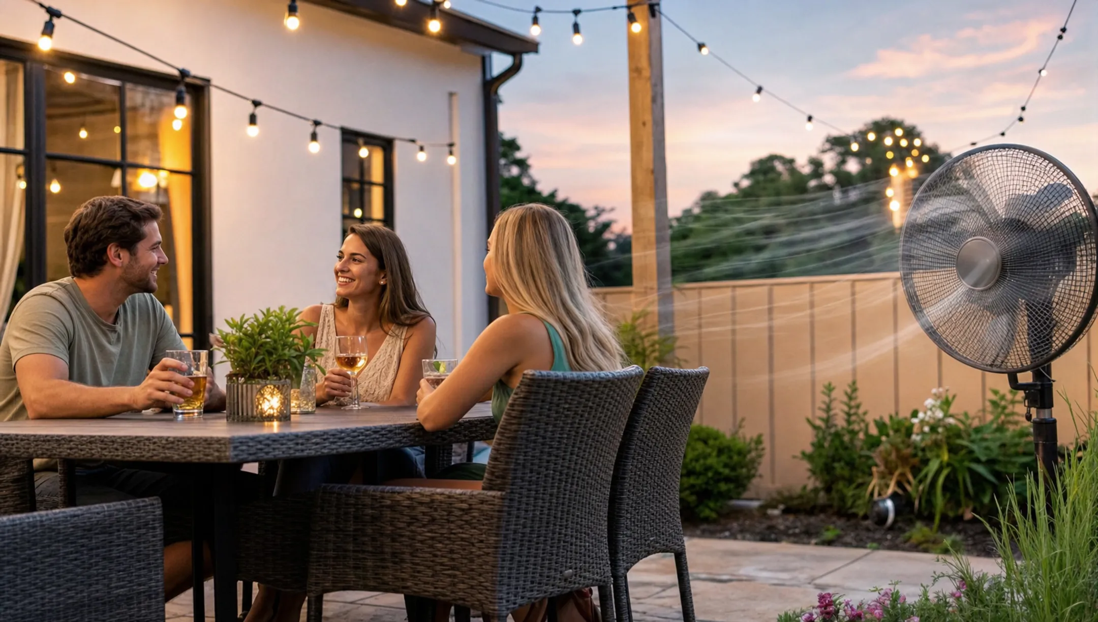 Outdoor patio fan reducing mosquito activity during evening gathering