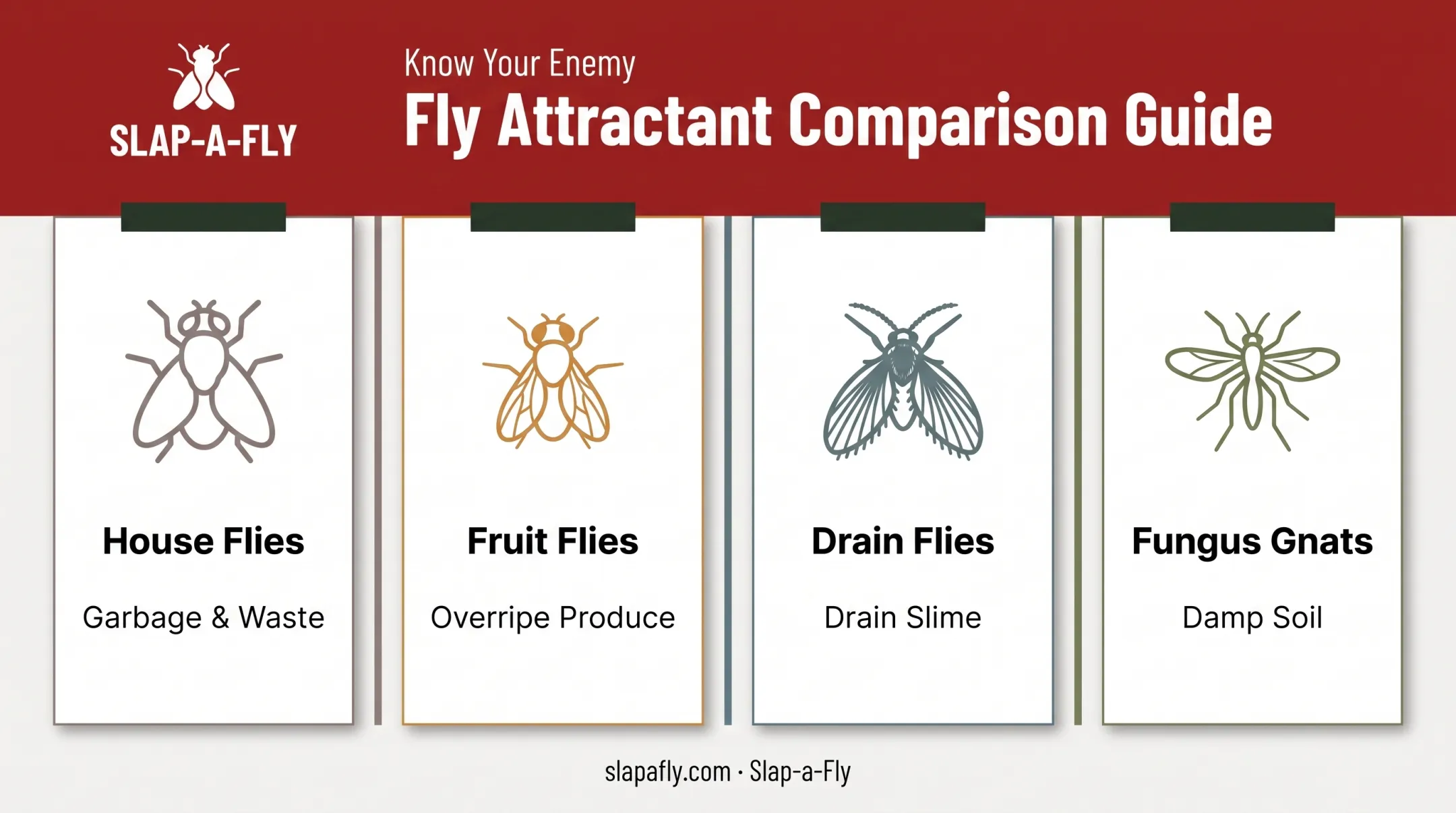 Comparison chart of house flies fruit flies drain flies and fungus gnats attractants