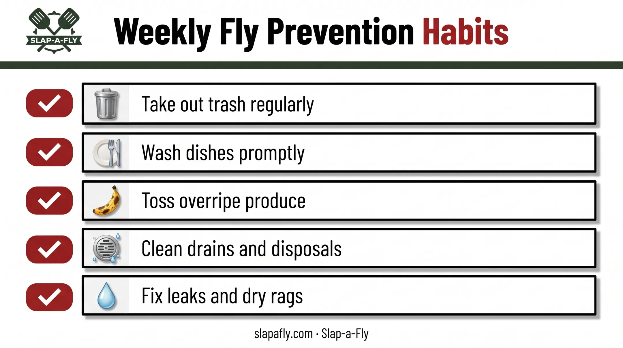 Weekly sanitation checklist to eliminate fly food and moisture sources