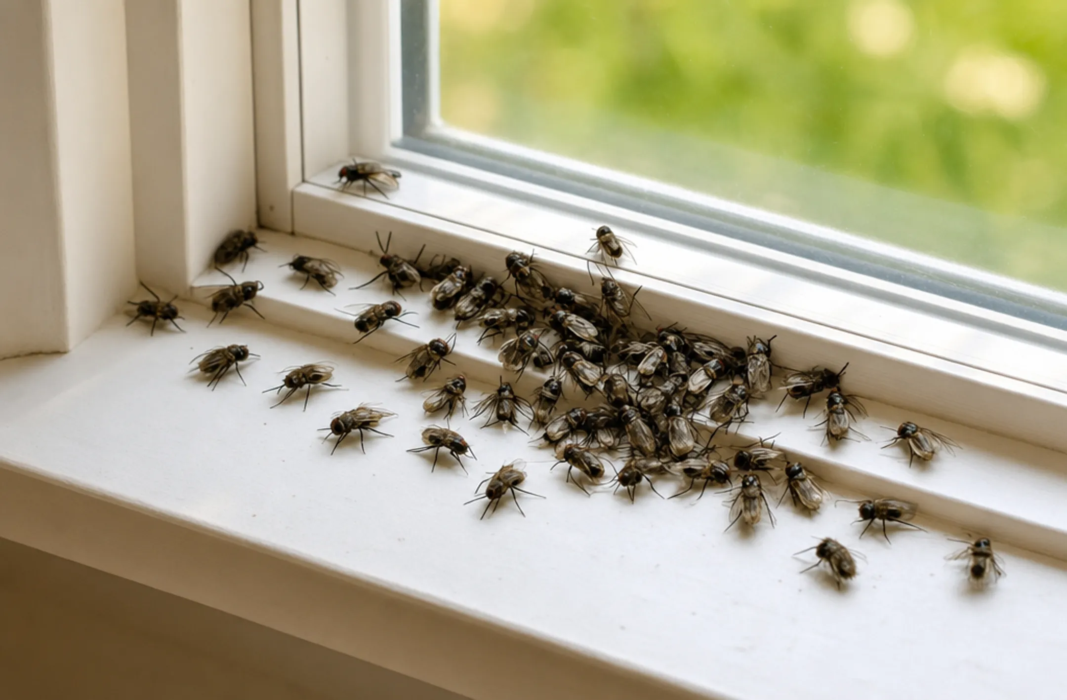 House flies clustering on window sill in sunlit room