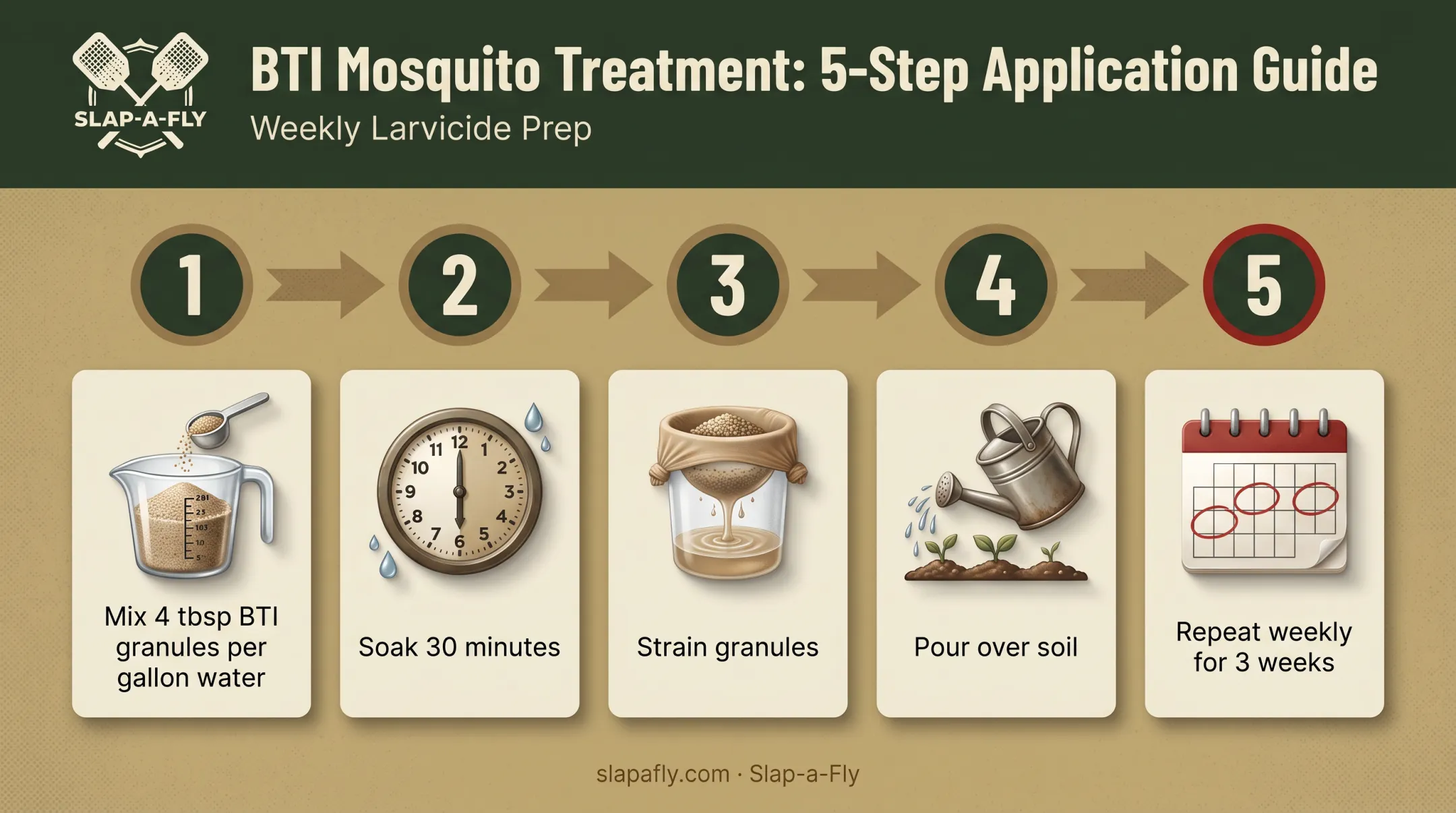 5-step BTI mosquito dunk soil treatment process for killing gnat larvae