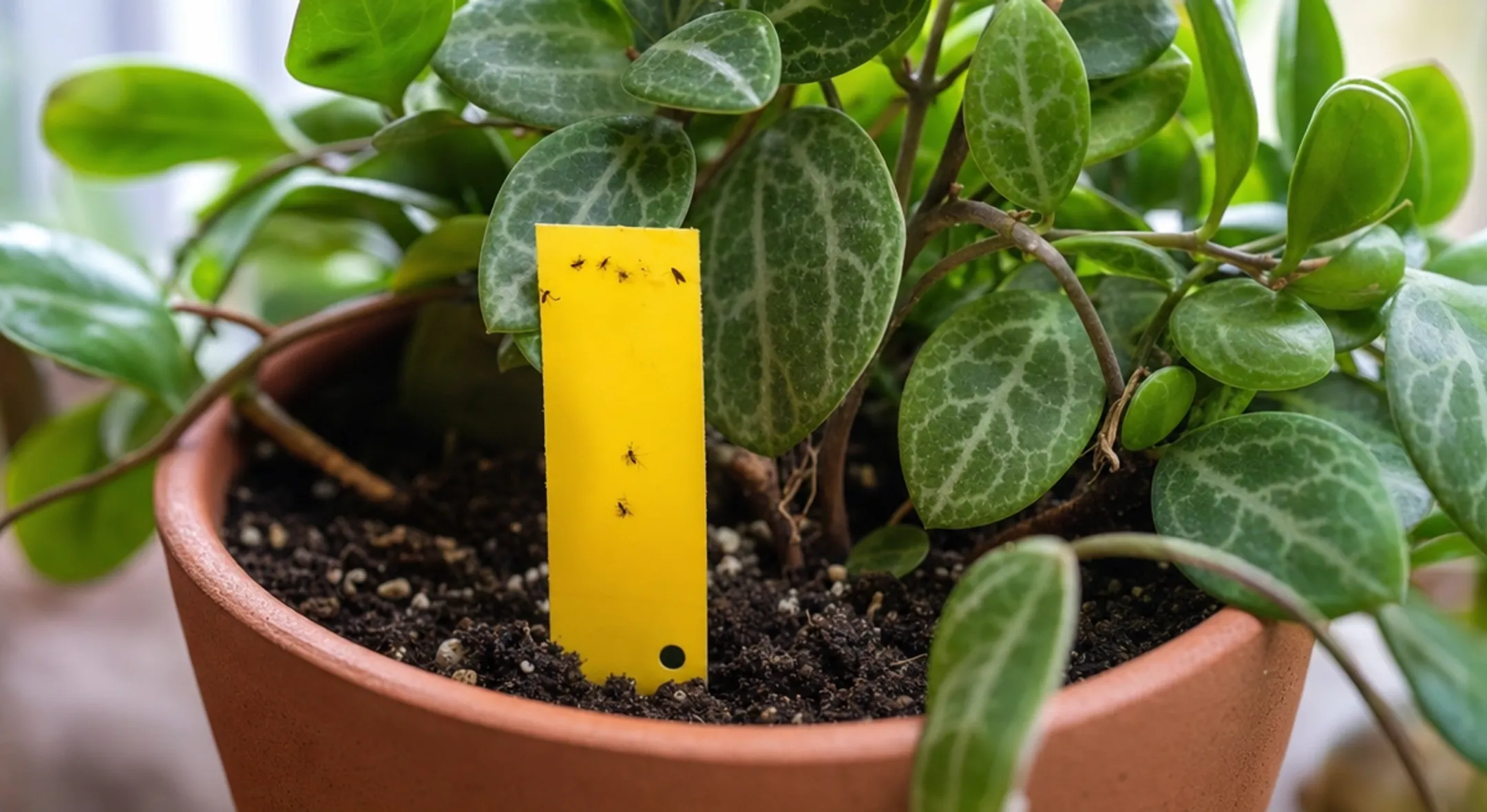 Yellow sticky trap catching adult fungus gnats near potted plant soil