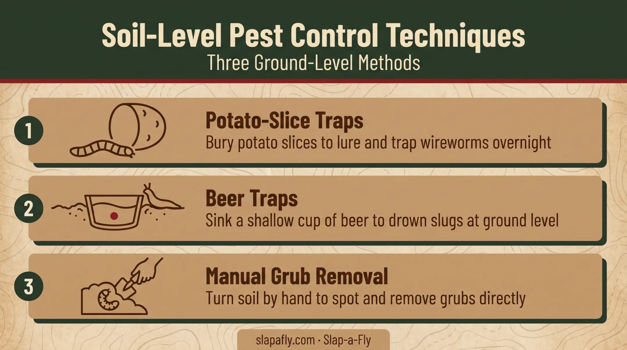 Soil-level pest trap methods potato slice beer trap and grub removal