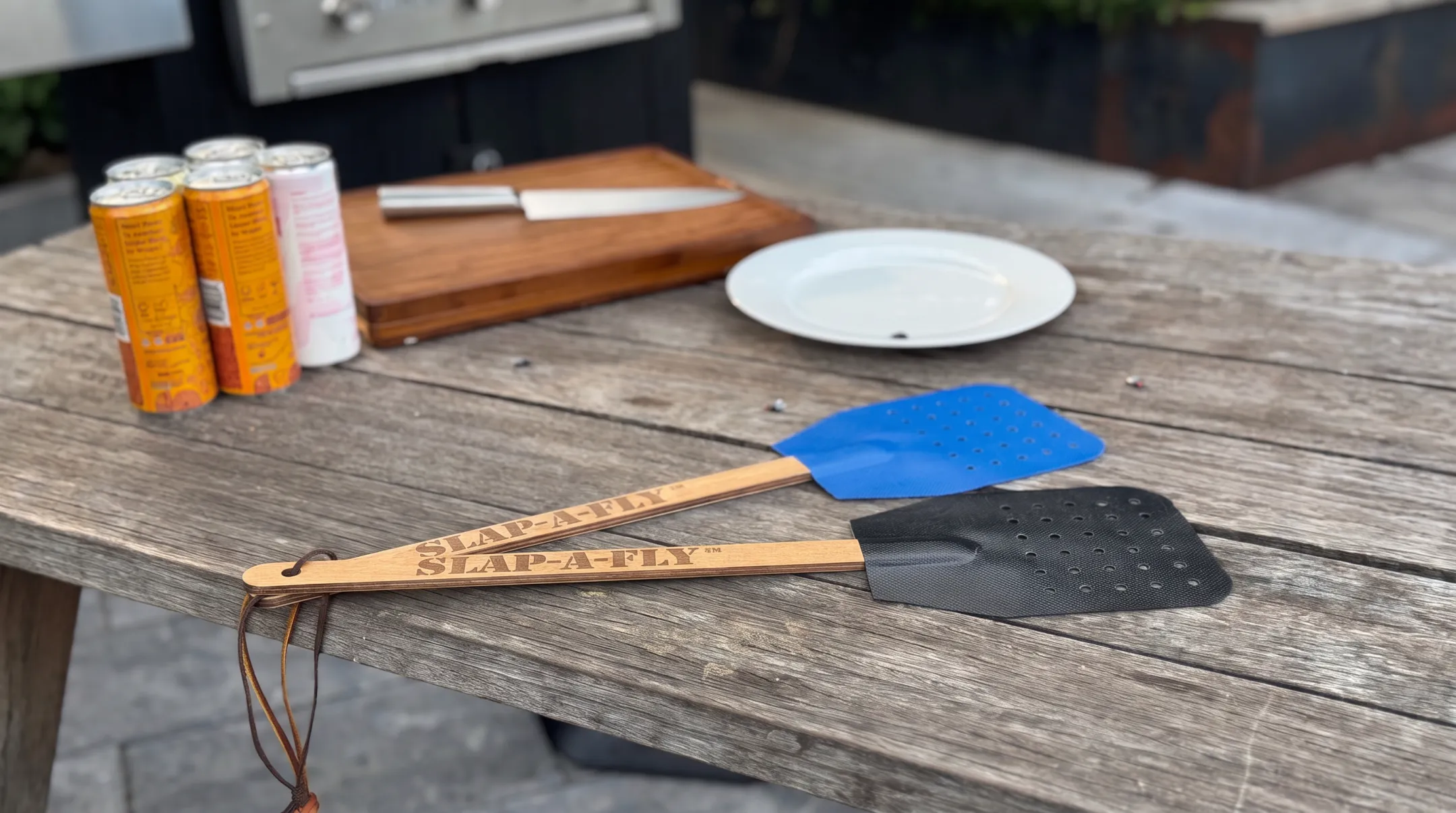 Standard Slap-a-Fly swatter used near kitchen food-prep surface