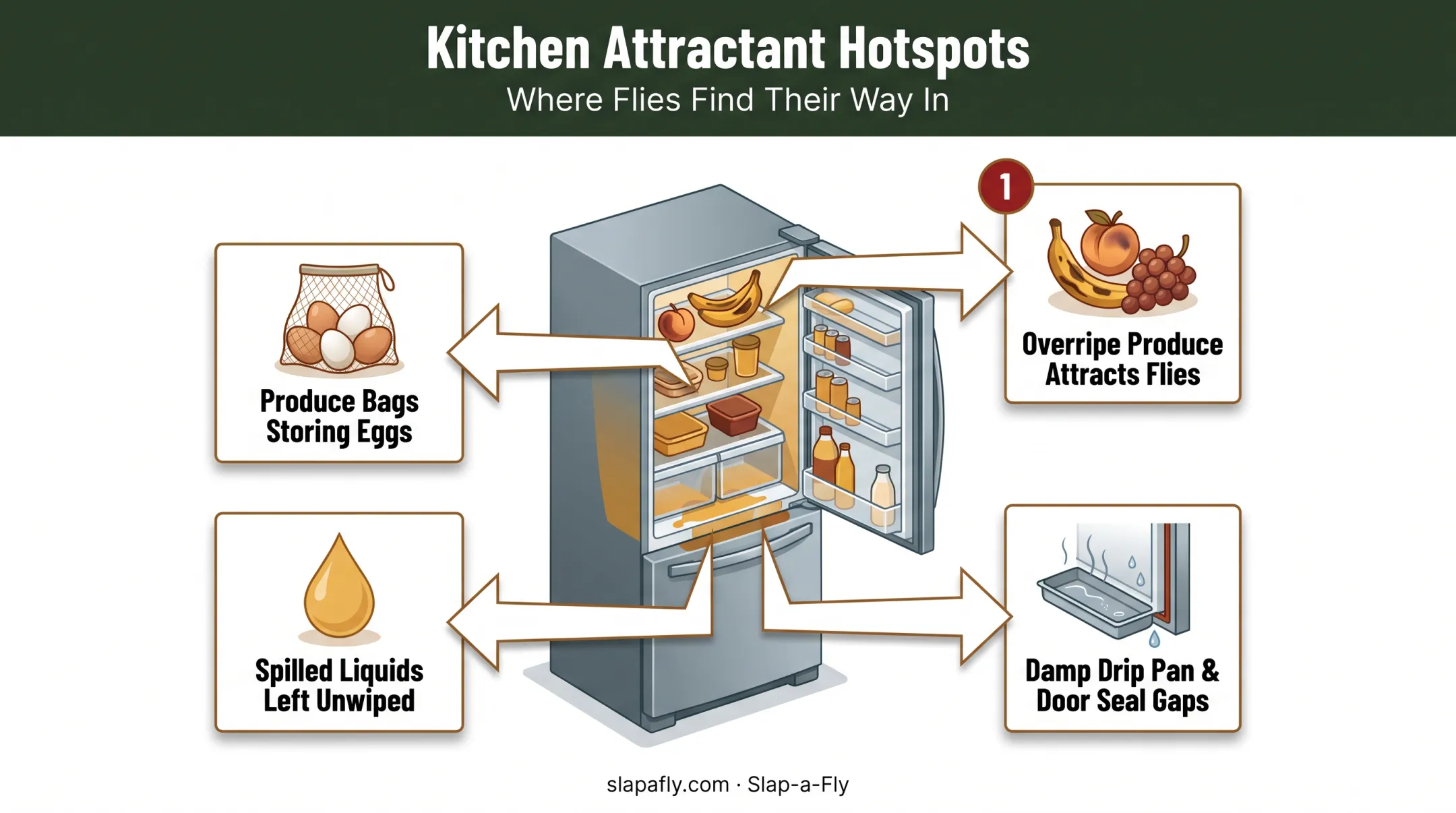Common gnat attractants around refrigerator including spills and overripe produce