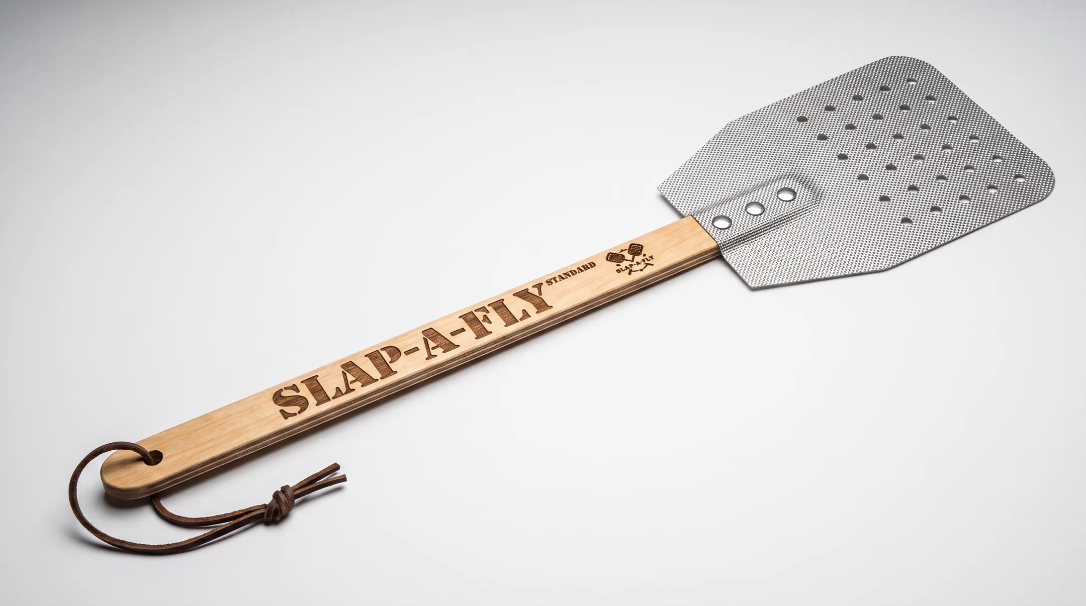 Slap-a-Fly Standard flyswatter showing perforated head and wooden handle