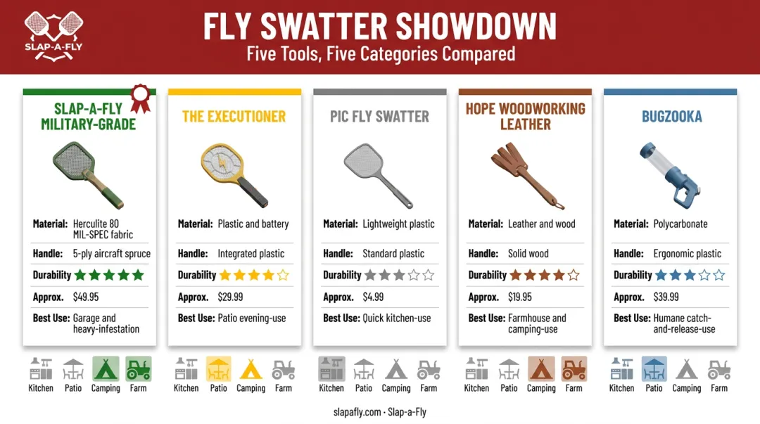 Comparison infographic of top fly swatters by category and price