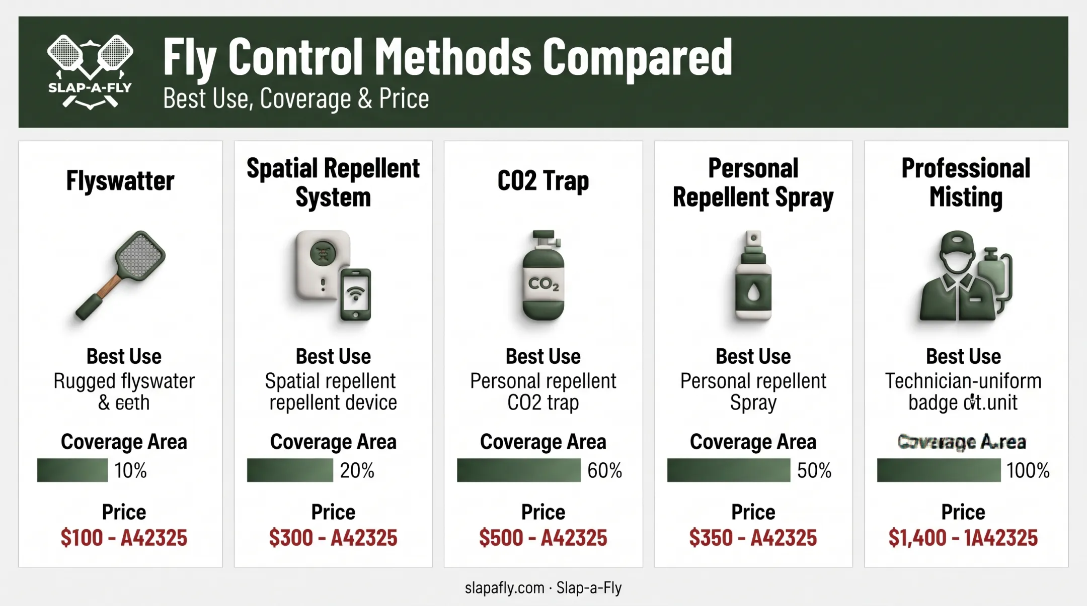 Comparison chart of five mosquito and fly control methods by coverage and cost
