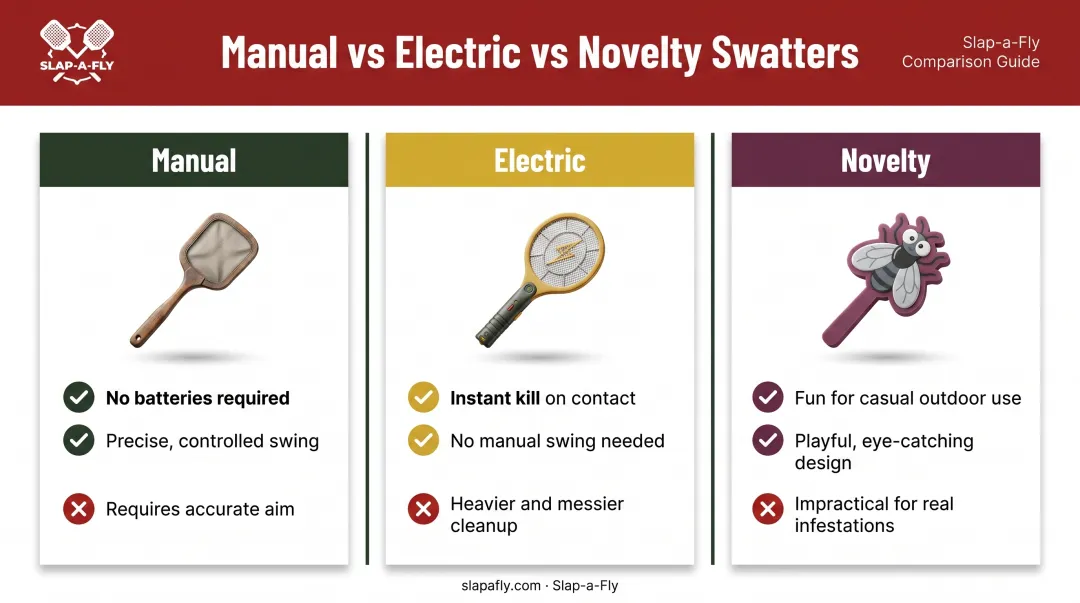 Manual electric and novelty swatter types pros and cons comparison
