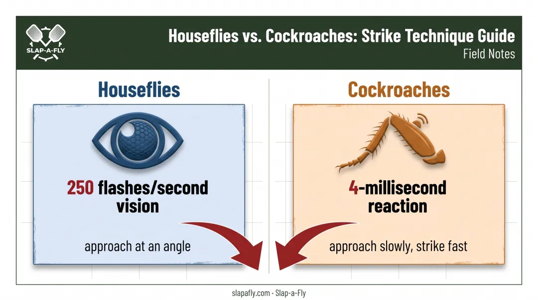 Fly versus roach sensory detection and swatting technique comparison chart