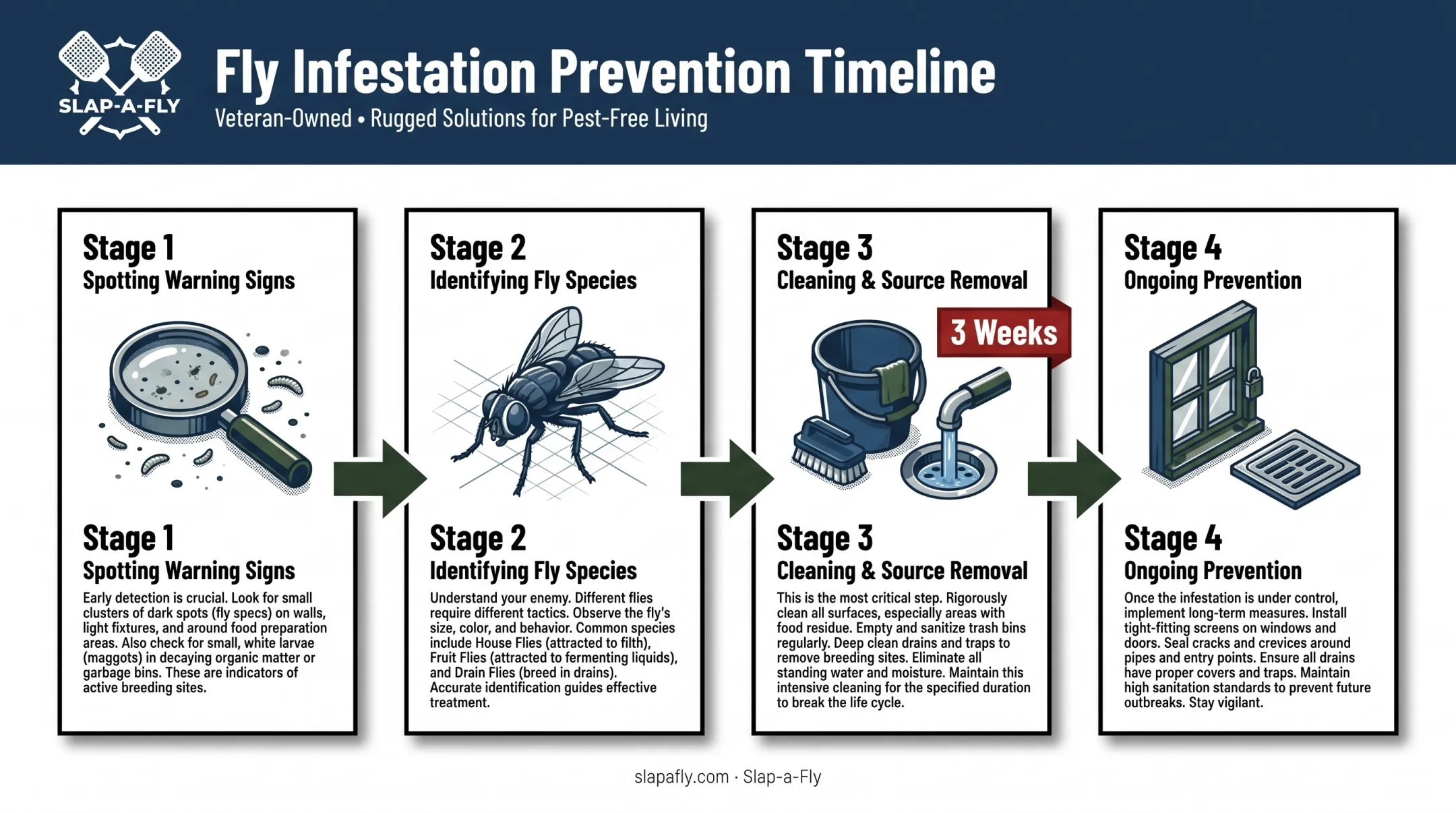 Timeline of fly infestation warning signs and prevention steps