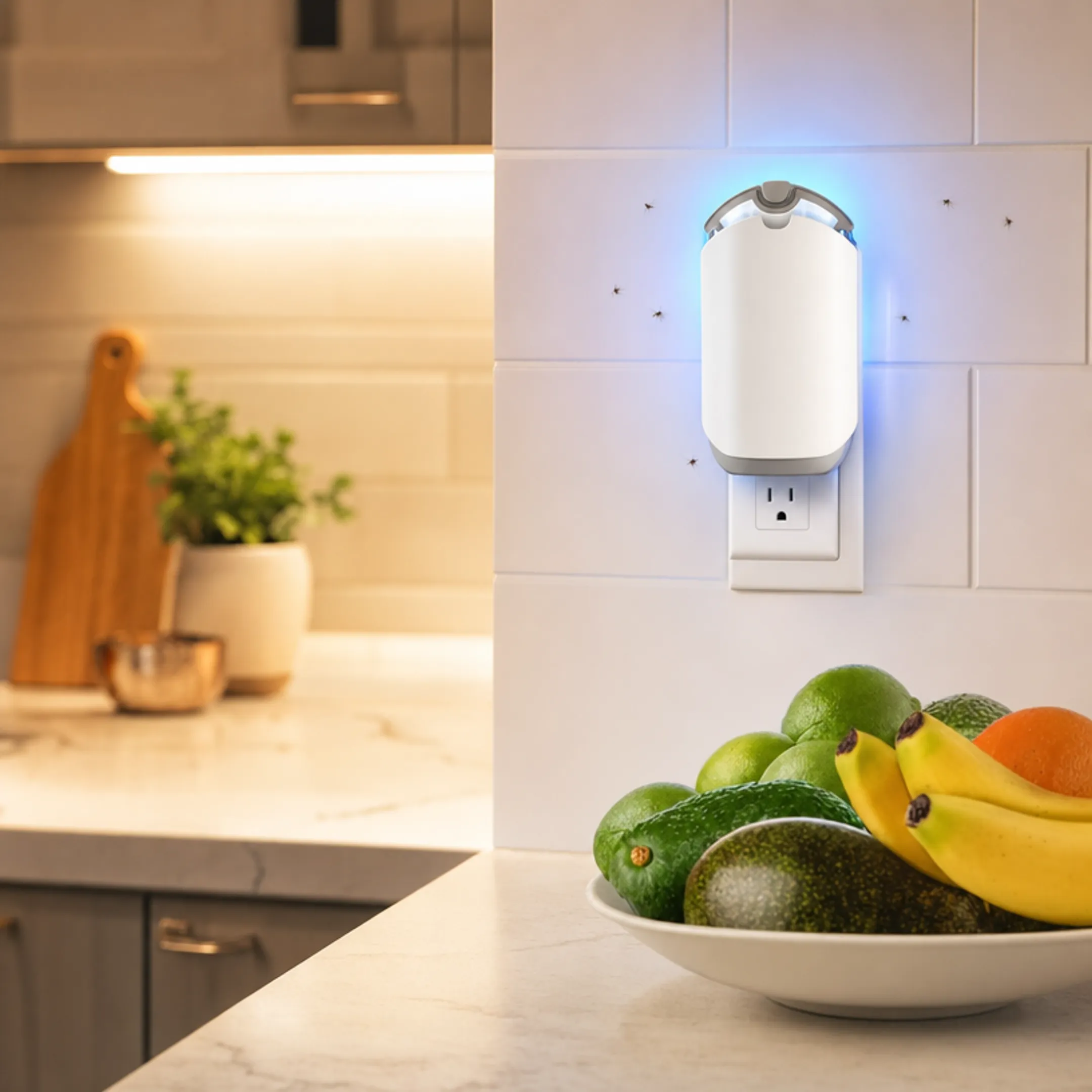 Electric UV light insect trap plugged in near kitchen counter