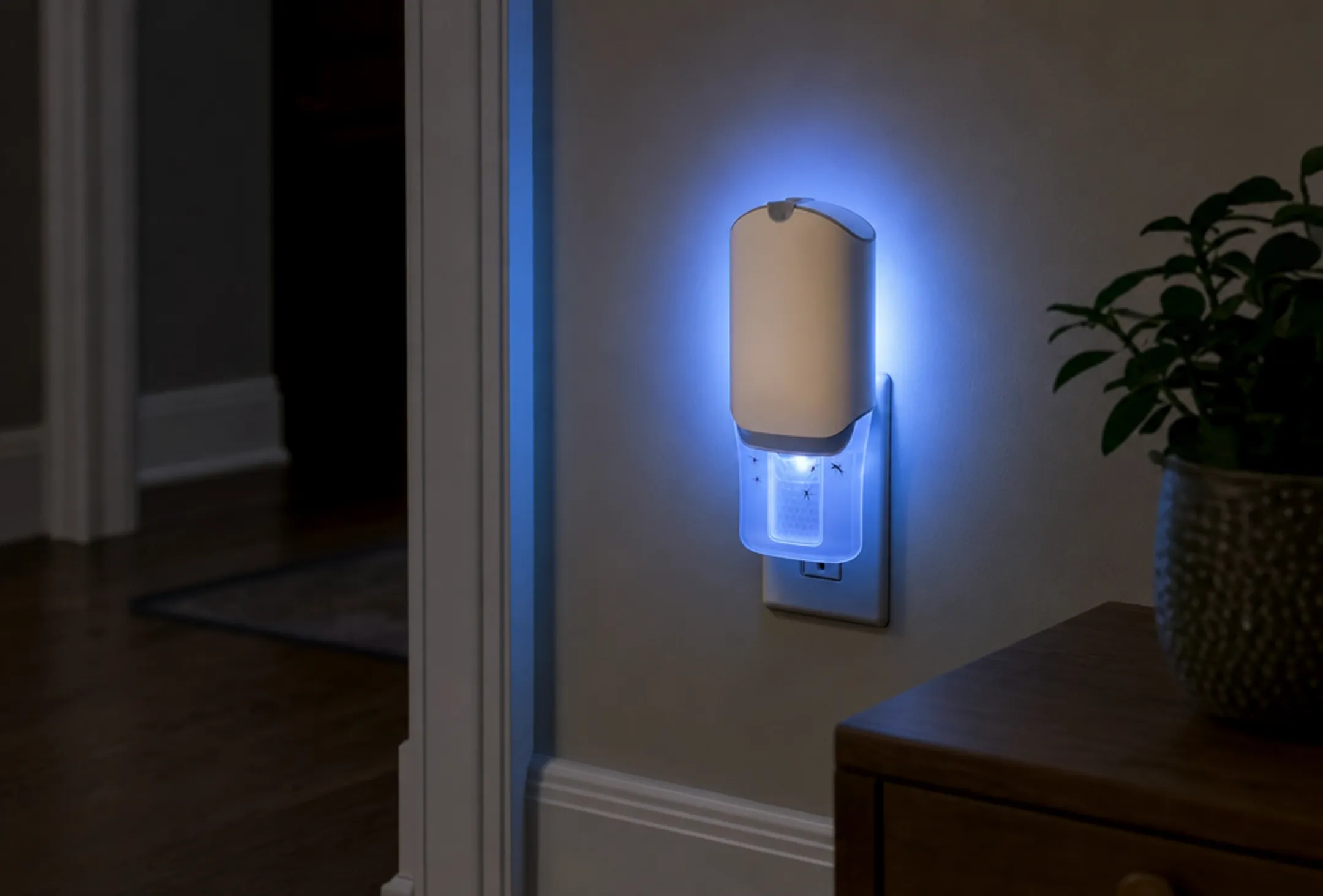 Plug-in adhesive mosquito trap positioned near bedroom doorway corner