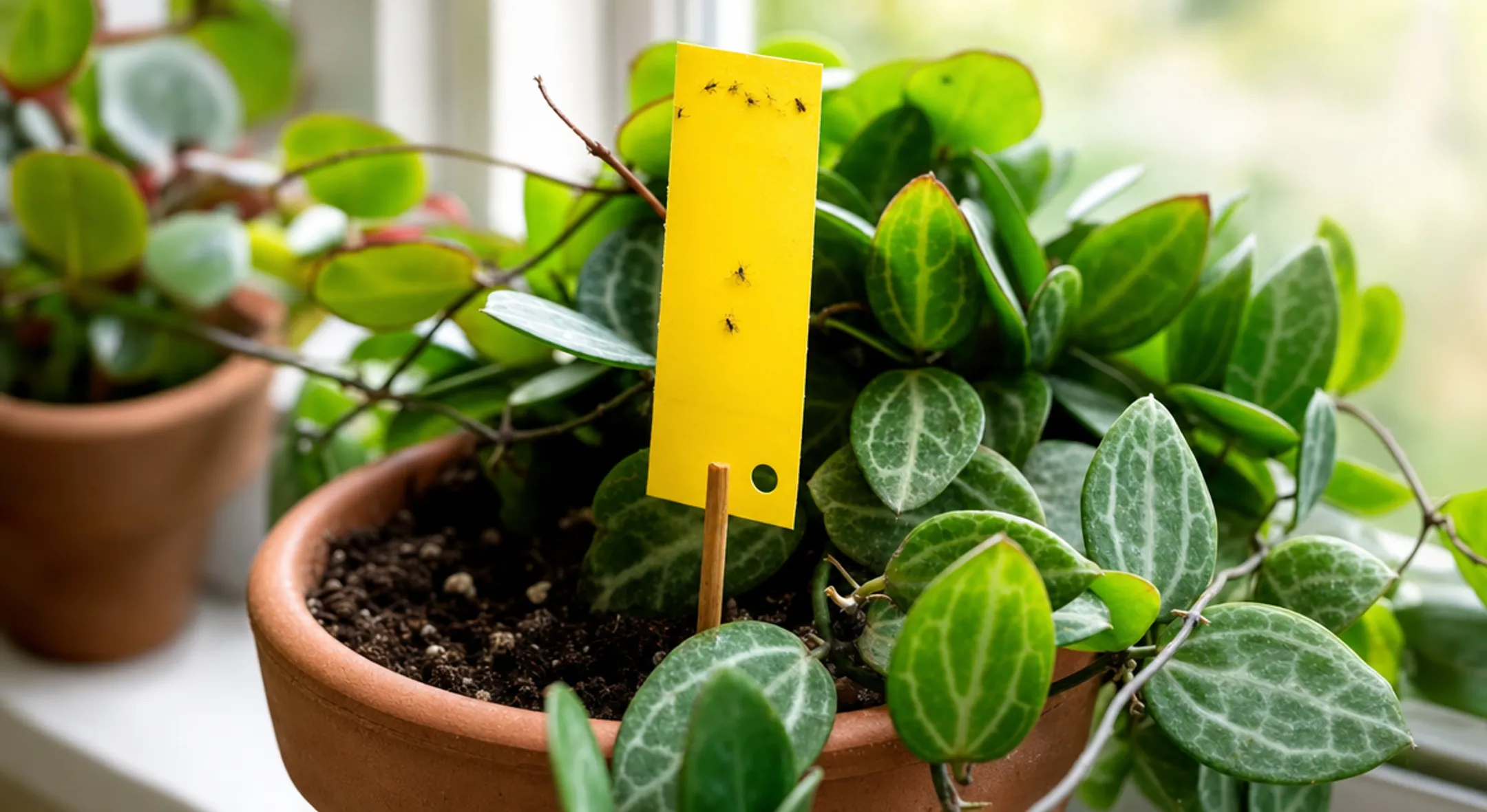 Yellow sticky traps inserted into houseplant soil for gnat monitoring