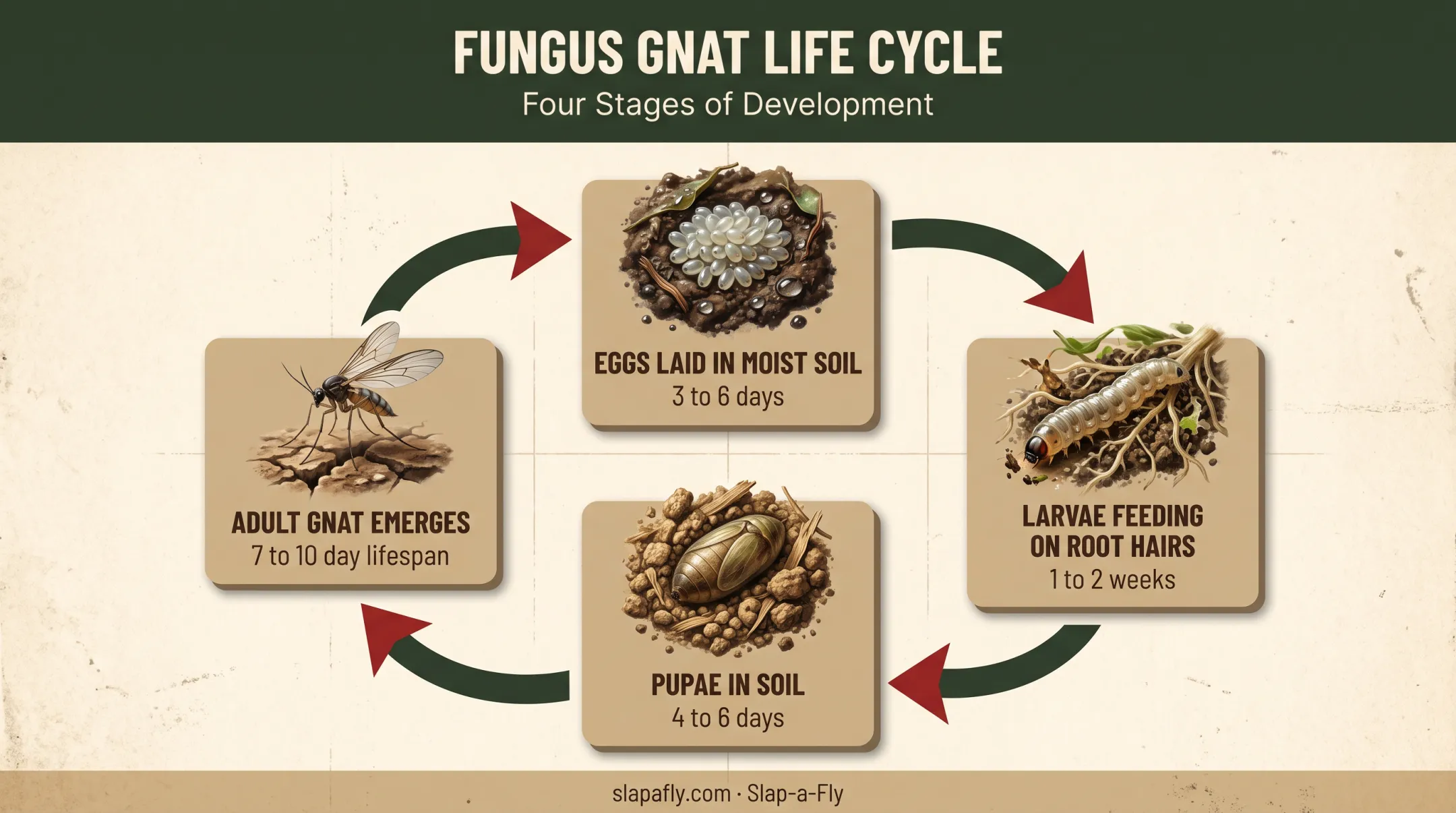 Fungus gnat life cycle stages from egg to adult diagram