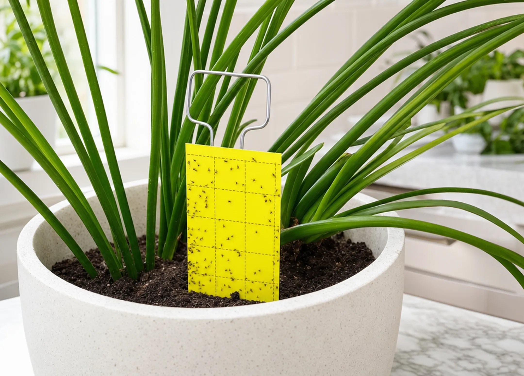 Yellow sticky fly trap card placed near indoor houseplant leaves