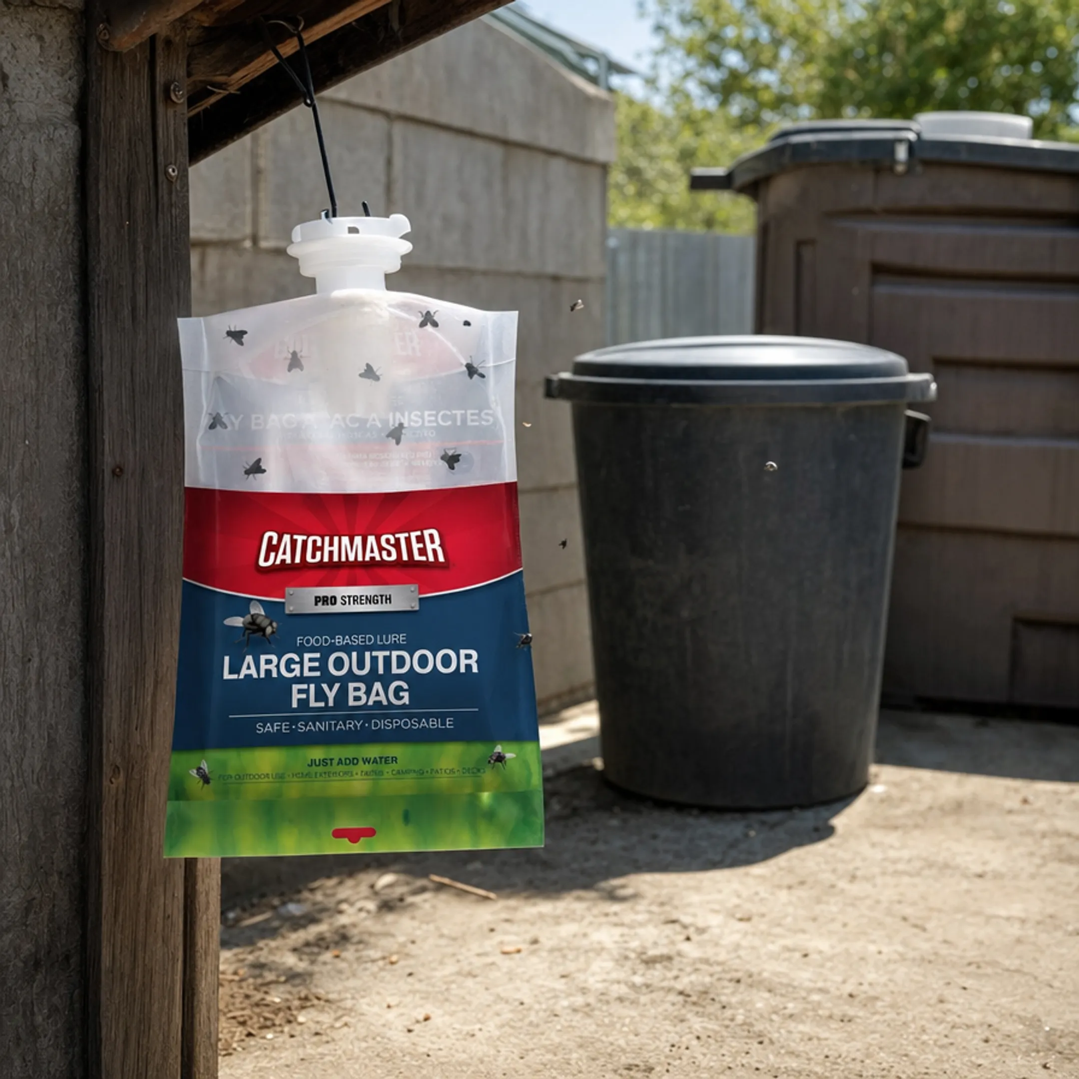 Commercial pheromone fly bait trap hanging near outdoor trash area