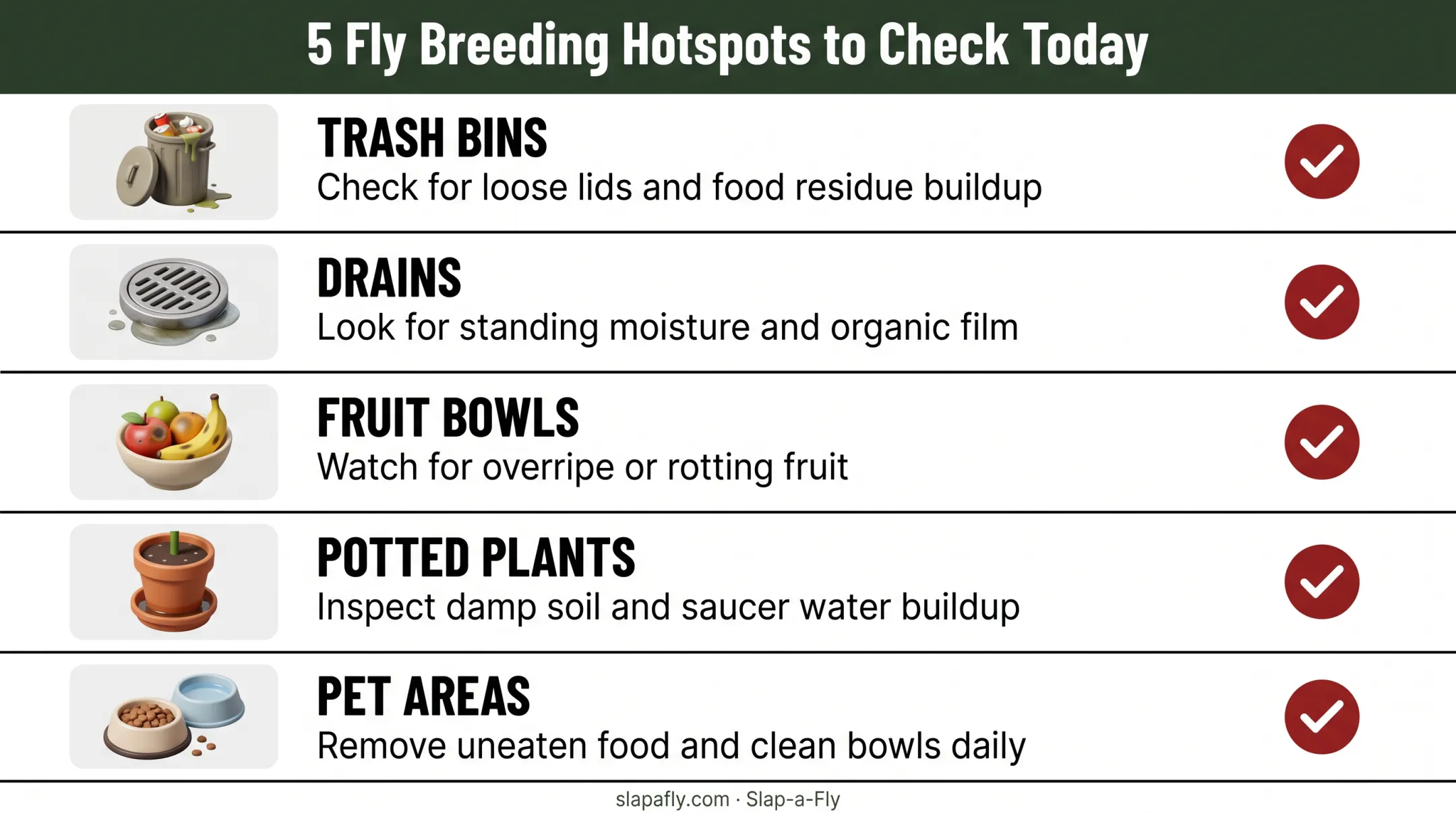 Five-point checklist for finding household fly breeding source locations