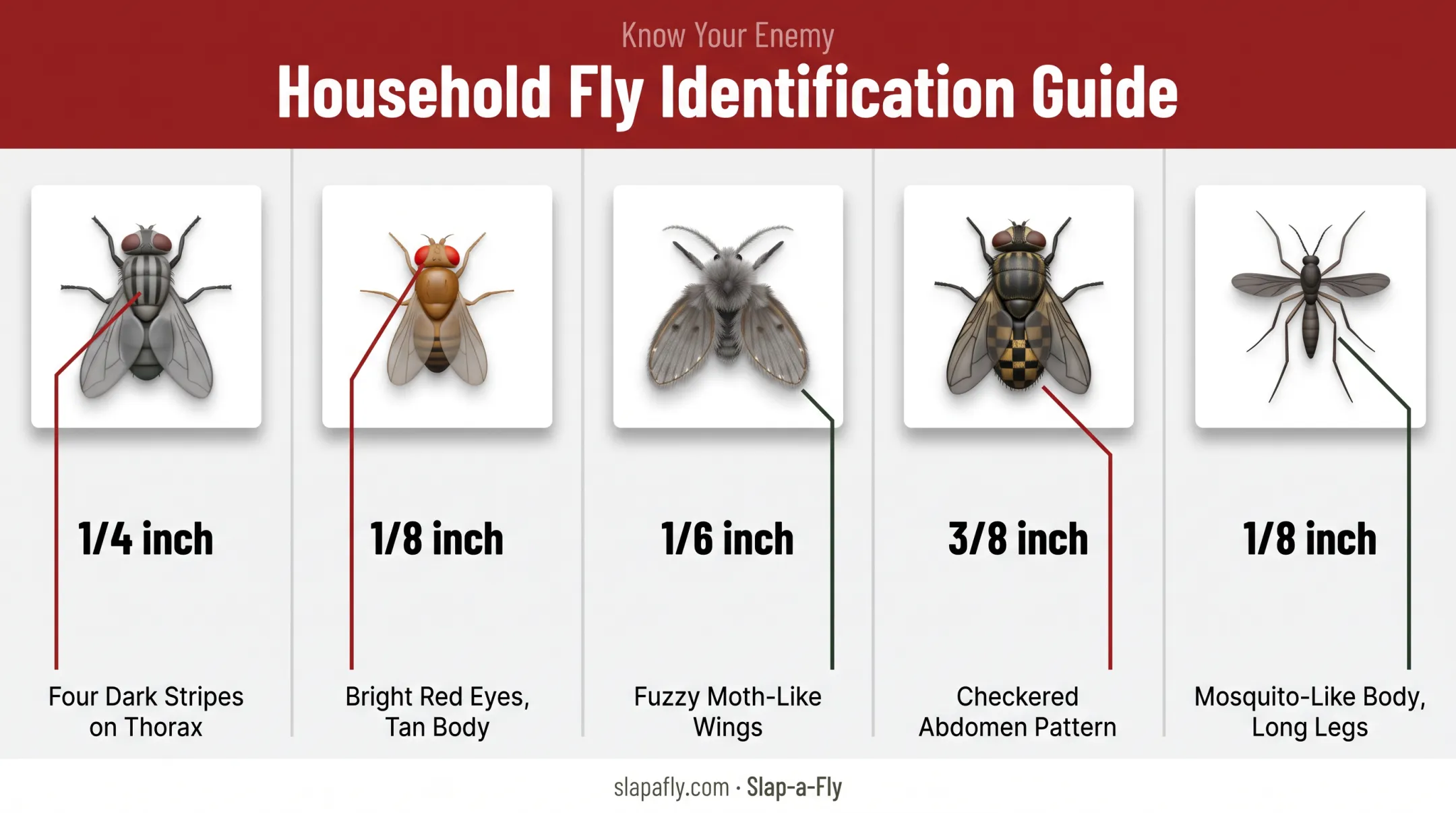Five common household fly species identification chart with key features
