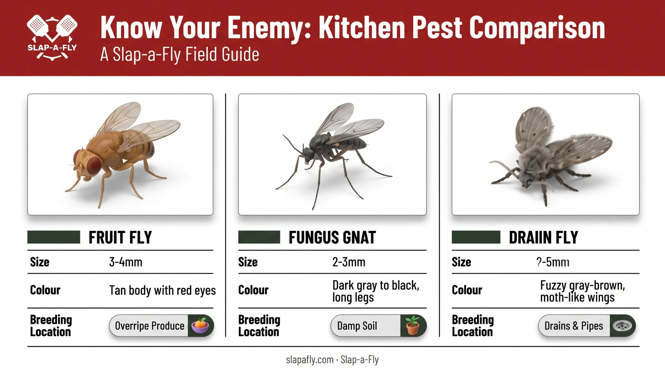 Comparison chart of fruit flies fungus gnats and drain flies identification