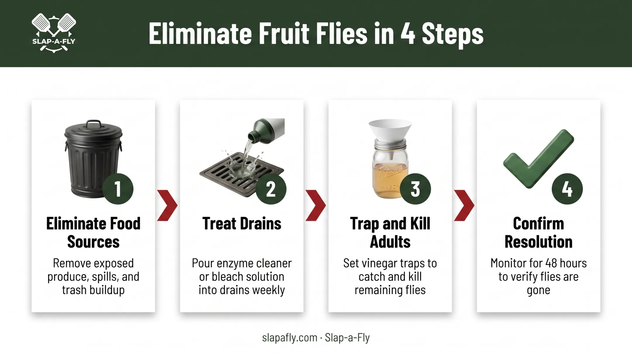 Four-step fruit fly elimination process from food source to confirmation